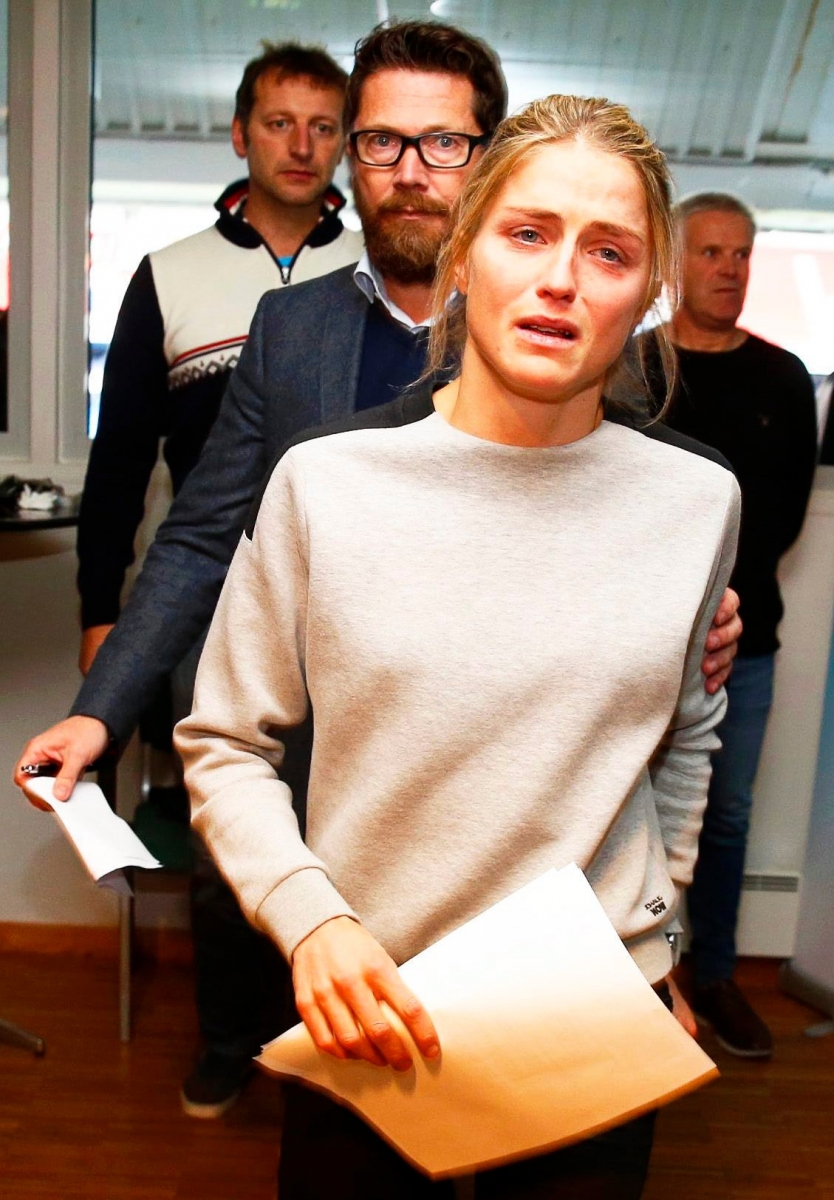 epa05583344 Norway's three-time Olympic cross-country skiing medalist Therese Johaug (front) arrives for a press conference in Oslo, Norway, 13 October 2016. The Norwegian Ski Federation announced that Johaug tested positive for a banned substance contained in a sun cream. The federation confirmed that Johaug tested positive for the steroid clostebol in Italy in August 2016.  EPA/HAKON MOSVOLD LARSEN NORWAY OUT NORWAY DOPING JOHAUG