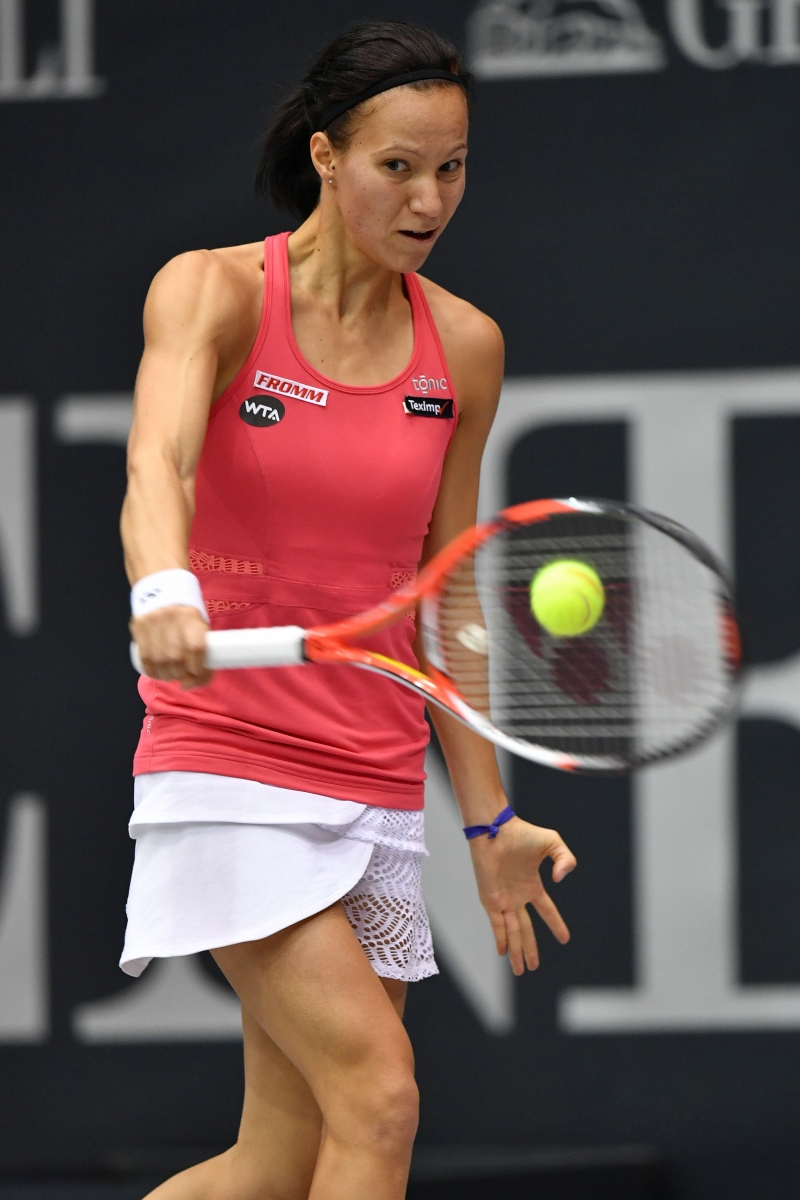 Switzerlandís Viktorija Golubic  returns a shot to Dominika Cibulkova of Slovakia during their final match at the Generali Ladies tennis tournament in Linz, Austria, Sunday, Oct. 16, 2016.(AP Photo/Kerstin Joensson)