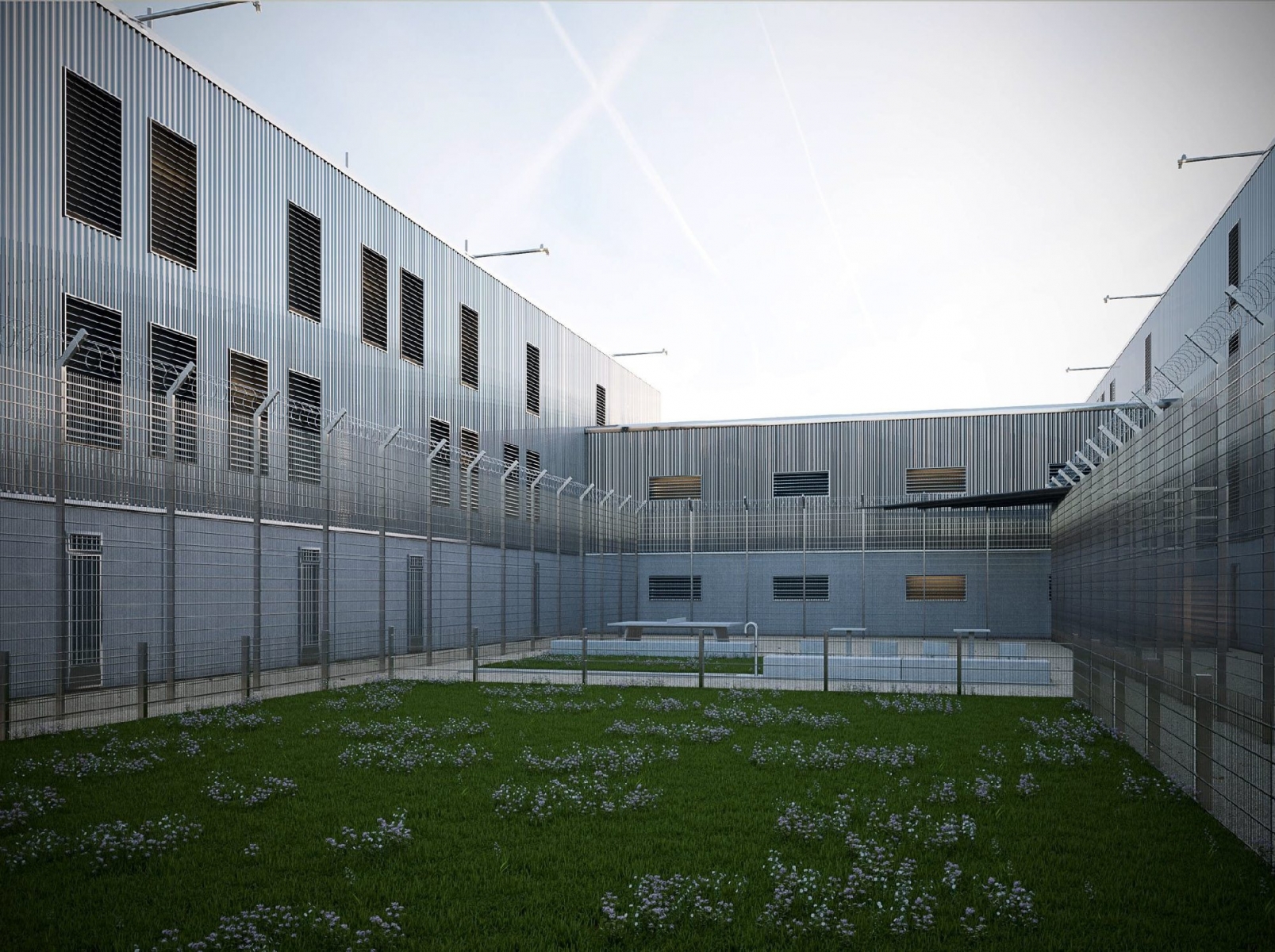 HANDOUT - Image de synthese d'une cour interieur du projet de nouvel etablissement penitentiaire Les Dardelles. (Etat de Geneve) *** NO SALES, DARF NUR MIT VOLLSTAENDIGER QUELLENANGABE VERWENDET WERDEN *** SUISSE PROJET PRISON LES DARDELLES