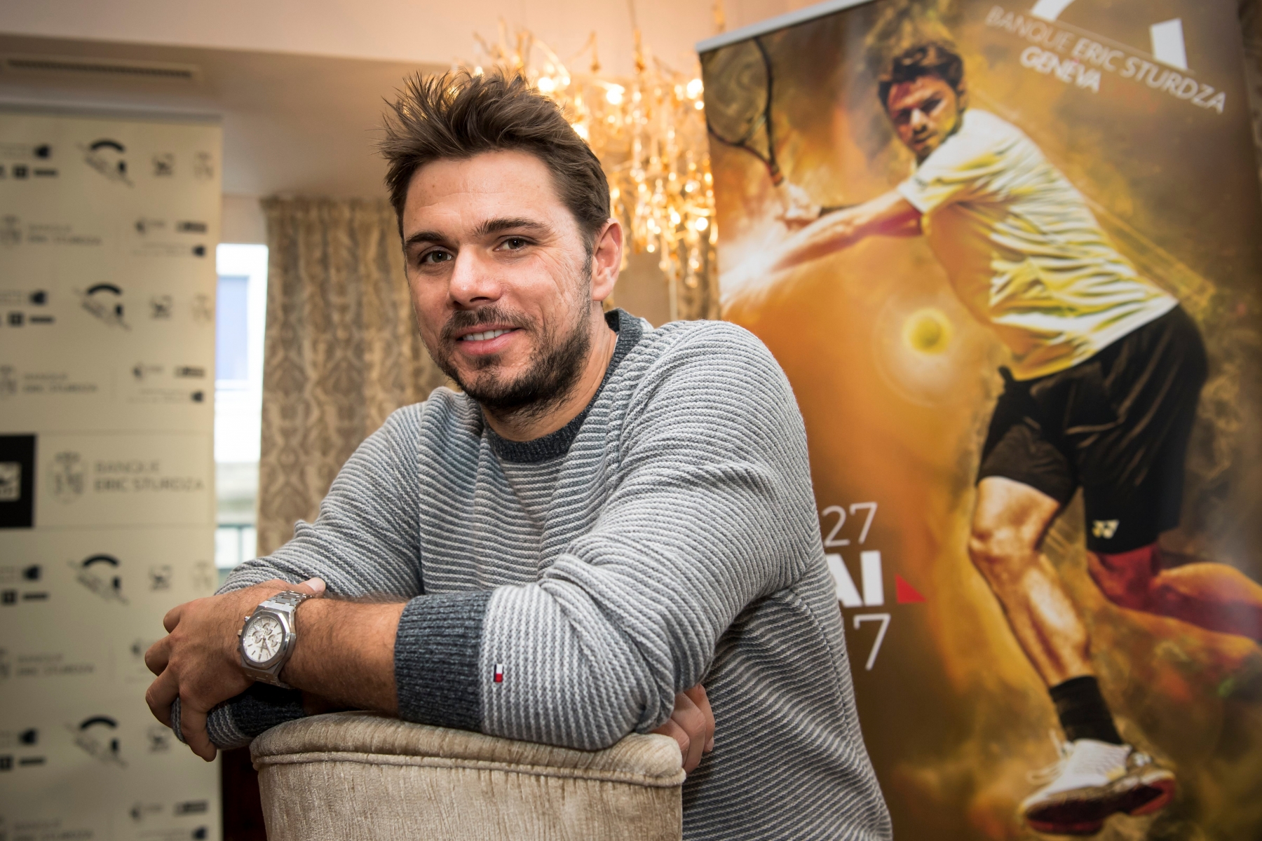 Swiss tennis player Stan Wawrinka poses in front of a poster during a press conference of the Geneva Open 2017 tennis tournament, on Wednesday, November 30, 2016, in Geneva, Switzerland.(KEYSTONE/Jean-Christophe Bott) SCHWEIZ TENNIS GENEVA OPEN 2017 STAN WAWRINKA