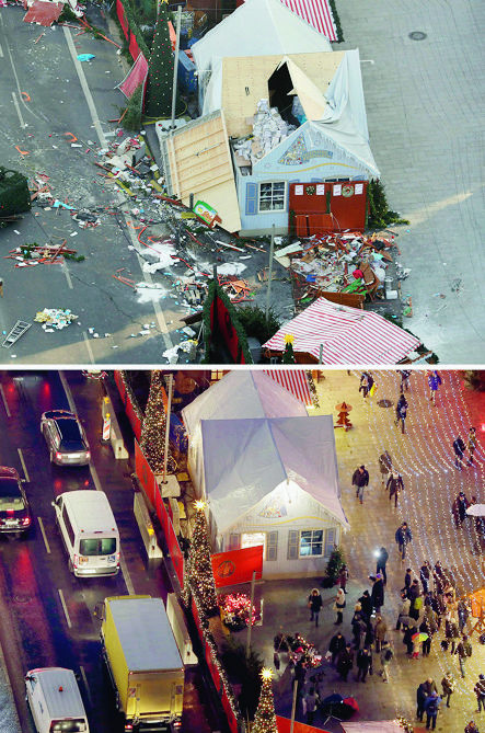 Our combination picture shows on top a Dec. 21, 2016 picture of destroyed huts and bottom the same location after the reopening of the christmas market in Berlin, Germany, Thursday, Dec. 22, 2016 three days after a truck ran into the crowded Christmas market and killed several people. (AP Photo/Michael Sohn) Germany Christmas Market