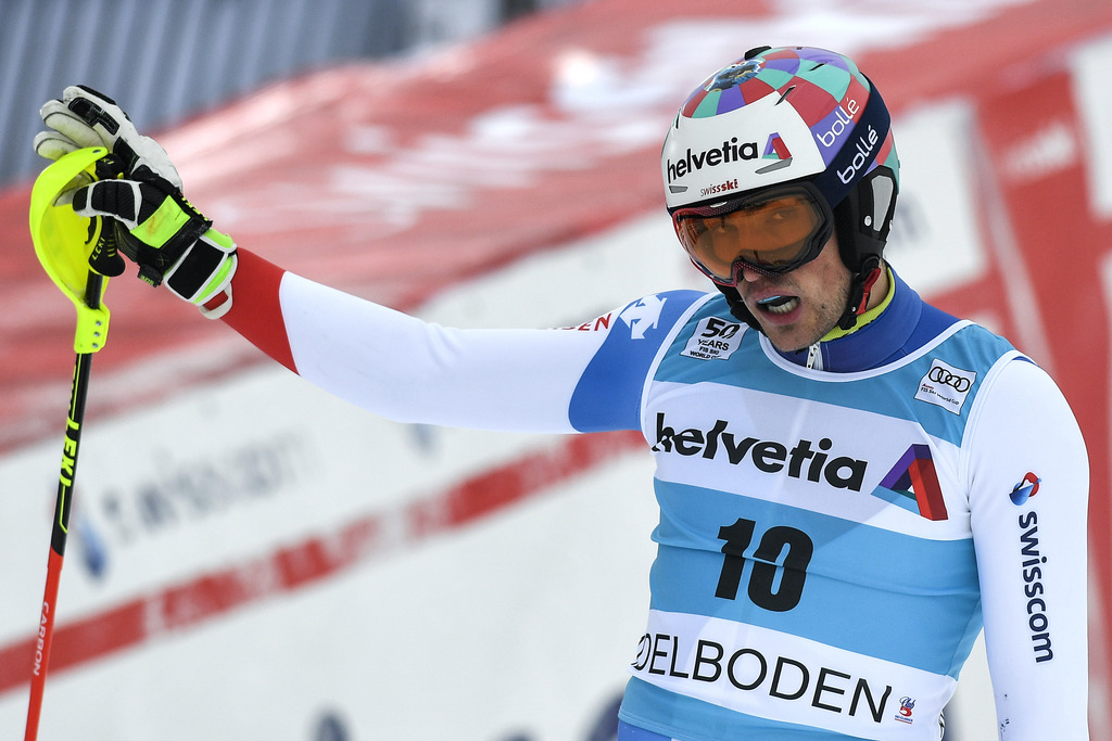 Daniel Yule of Switzerland reacts in the finish area during the first run of the men's slalom FIS Ski World Cup race in Adelboden, Switzerland, Sunday, January 8, 2017. (KEYSTONE/Peter Schneider)