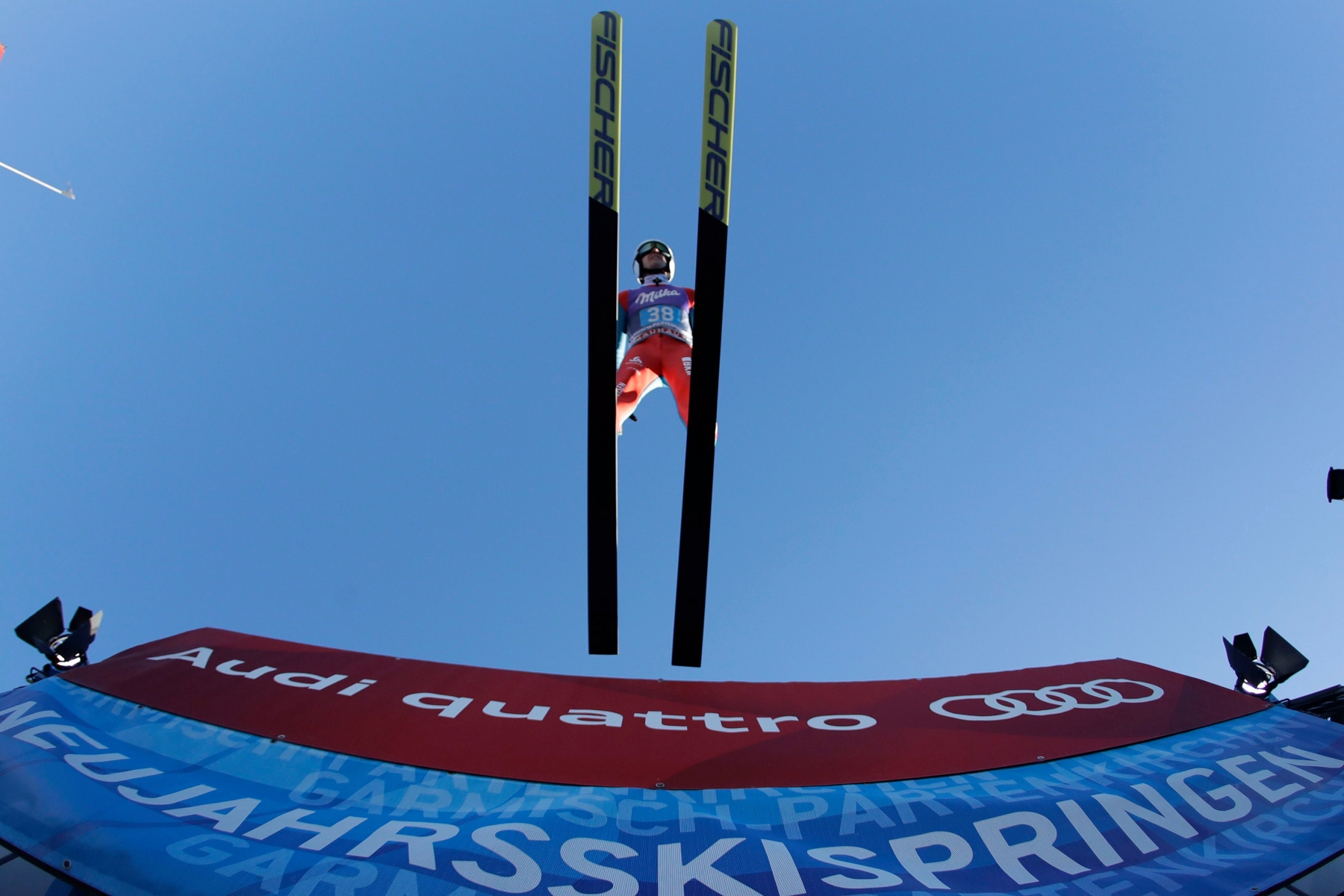 Switzerland's Simon Ammann speeds down the hill during his trial jump at the second stage of the 65th four hills ski jumping tournament in Garmisch-Partenkirchen, Germany, Sunday, Jan. 1, 2017. (AP Photo/Matthias Schrader) GERMANY SKI JUMPING FOUR HILLS