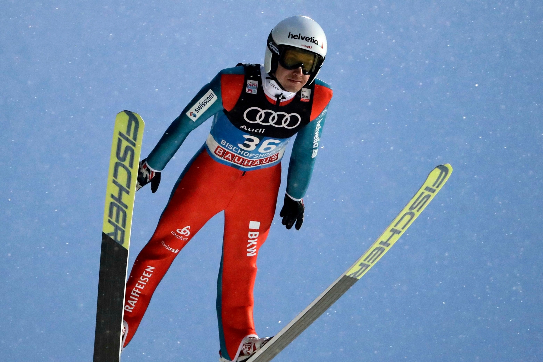 Simon Ammann of Switzerland soars through the air during his trial jump at the fourth stage of the 65th four hills ski jumping tournament in Bischofshofen, Austria, Thursday, Jan. 5, 2017. (AP Photo/Matthias Schrader) AUSTRIA SKI JUMPING FOUR HILLS
