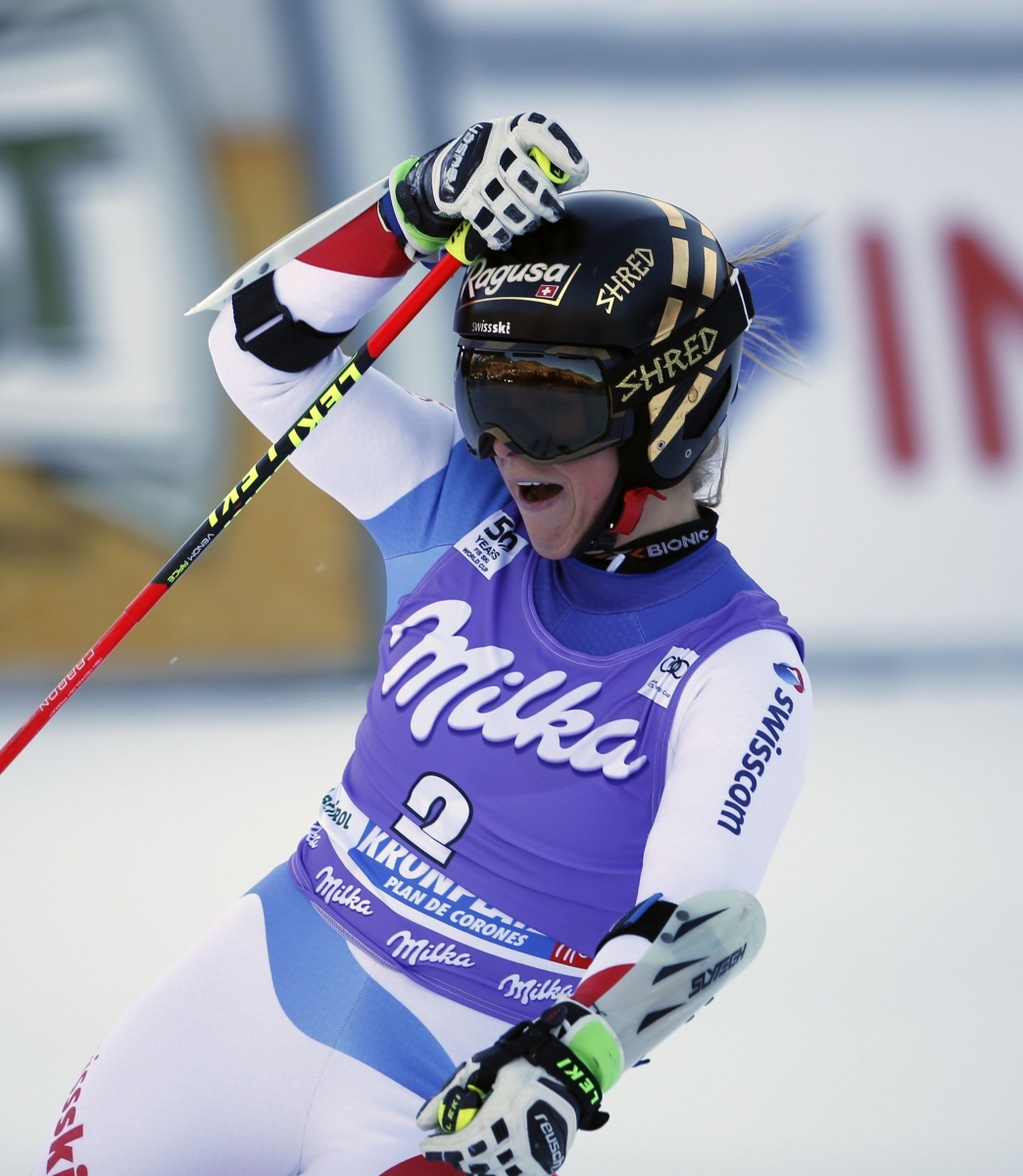 Switzerland's Lara Gut celebrates at the finish area during an alpine ski, women's World Cup giant slalom, in San Vigilio di Marebbe, Italy, Tuesday, Jan. 24, 2017. (AP Photo/MarcoTrovati)