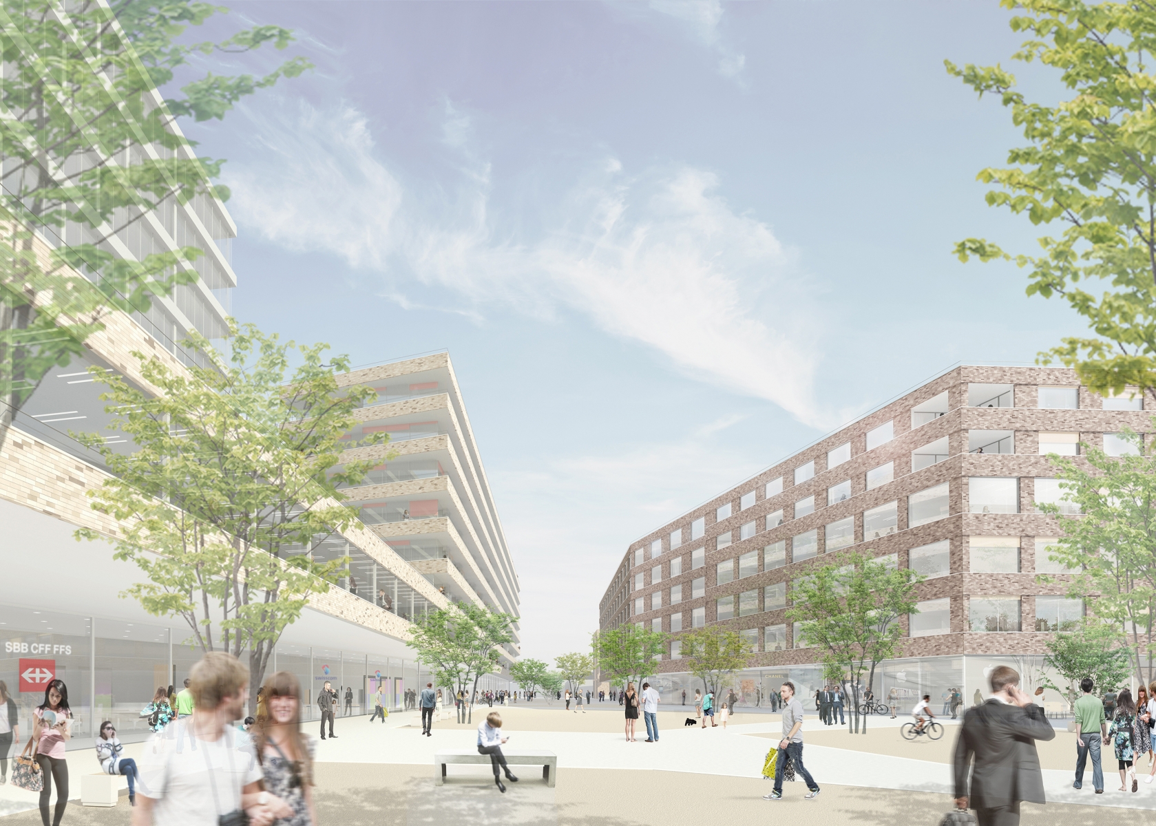 Morges, avril 2014. Images de synthèse du futur quartier Gare-Sud, à Morges. Vues sur les bâtiments qui remplaceront le parking P+R de la gare de Morges, ainsi que les halles CFF.