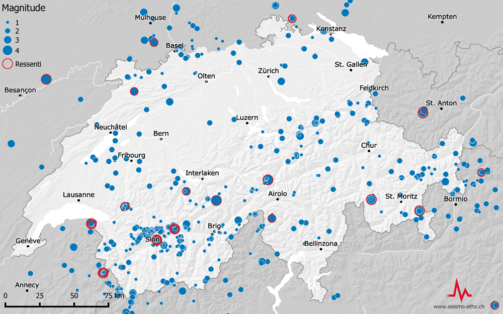 Carte des séismes en Suisse en 2016