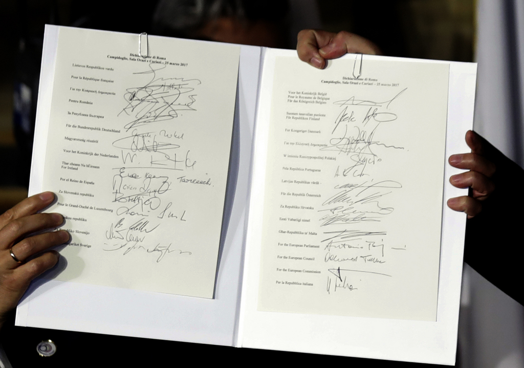 The Rome declaration, signed by EU leaders, during an EU summit meeting at the Orazi and Curiazi Hall in the Palazzo dei Conservatori in Rome on Saturday, March 25, 2017. European Union leaders were gathering in Rome to mark the 60th anniversary of their founding treaty and chart a way ahead following the decision of Britain to leave the 28-nation bloc. (AP Photo/Alessandra Tarantino)