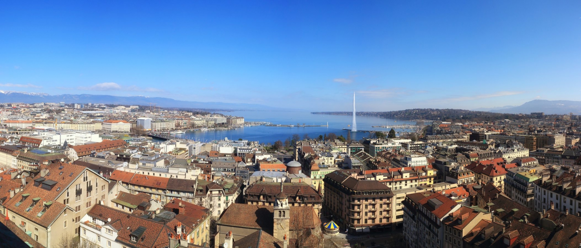 View of Geneva and lake geneva. Wide-Angle. Panorama of Geneva