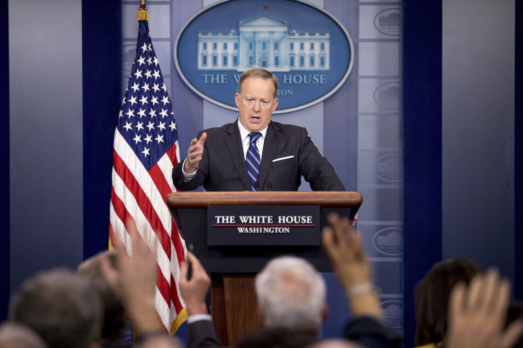 White House press secretary Sean Spicer talks to the media during the daily press briefing at the White House in Washington, Monday, April 10, 2017. Spicer discussed Syria, Trump's first one hundred days in office and other topics. (AP Photo/Andrew Harnik) TRUMP