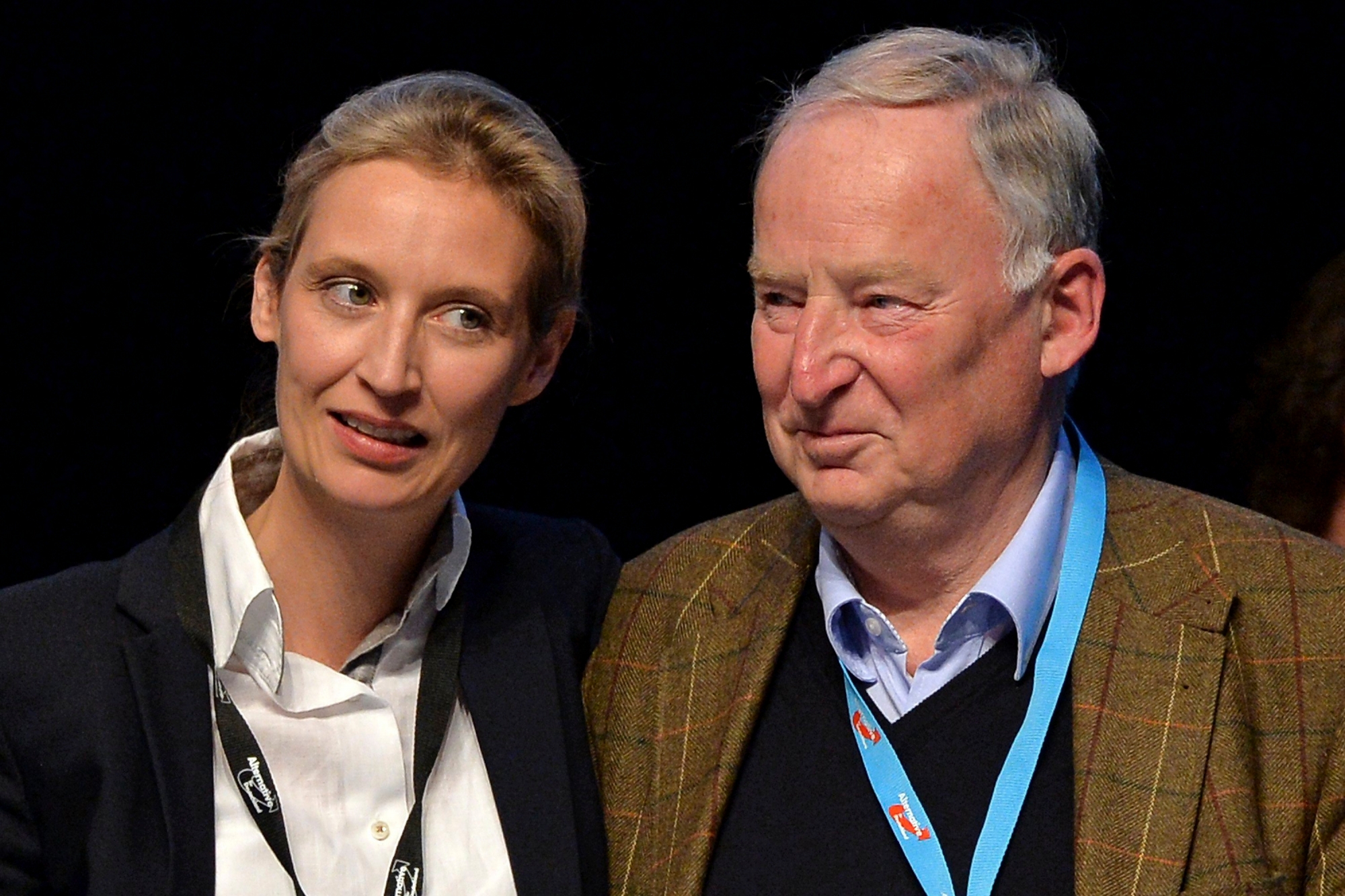 epa05923188 Alice Weidel (L) and Alexander Gauland (R) celebrate their nomination as campaign leaders of Germany's right-wing populist Alternative for Germany (AfD) party for the next German general election during the 'Alternative for Germany' (AfD) party conference in Cologne, Germany, 23 April 2017. The anti-immigration party, which hopes to win its first seats in the national parliament in a general election in September, will gather in Cologne on 22 and 23 April 2017.  EPA/SASCHA STEINBACH GERMANY PARTIES