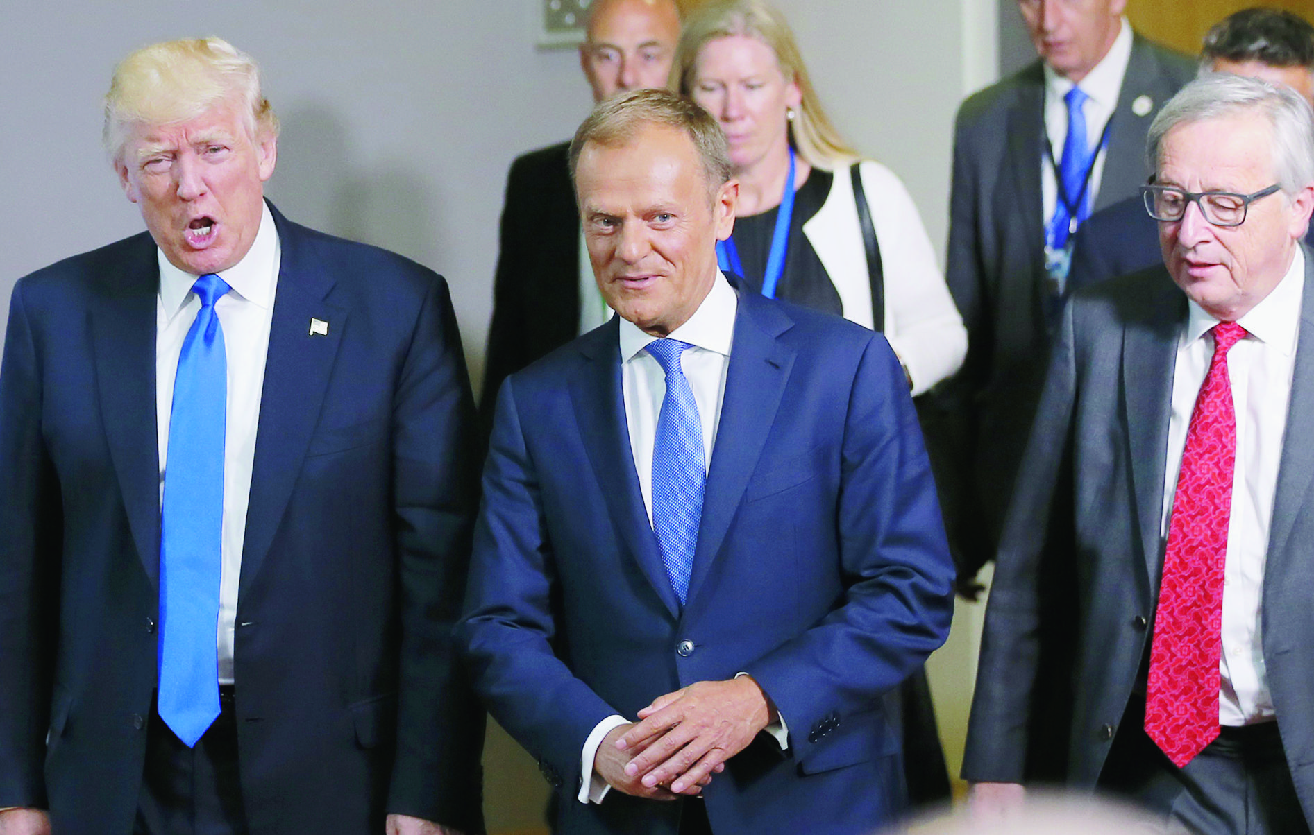 epa05988457 US President Donald J. Trump (L) chats with the President of the European Council Donald Tusk (C) and the President of the European Commission Jean-Claude Juncker (R) at the end of their meeting at the European Council, in Brussels, Belgium, 25 May 2017. Trump is in Belgium to attend a North Atlantic Treaty Organization (NATO) Summit and to meet EU leaders.  EPA/ROBERT GHEMENT BELGIUM EU USA DIPLOMACY