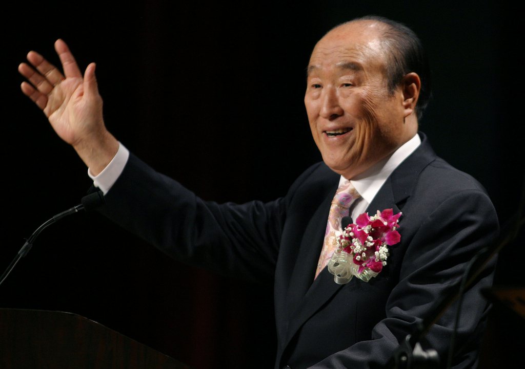 FILE - In this Saturday, June 25, 2005 file photo, Unification Church leader Rev. Sun Myung Moon speaks during his "Now is God's Time" rally in New York. Moon, self-proclaimed messiah who founded Unification Church, has died at age 92 church officials said Monday, Sept. 3, 2012. (AP Photo/John Marshall Mantel)