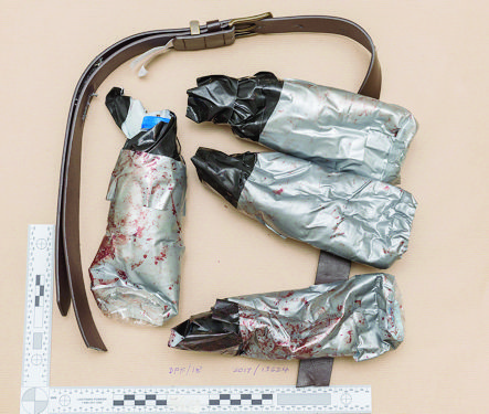 epa06022018 An undated handout photo made available by Britain's London Metropolitan Police Service (MPS) on 11 June 2017 shows a picture of a fake explosive belt worn by one of the London Bridge attackers. All three of the attackers wore the leather belts. Each had three disposable water bottles covered in masking tape attached to the belt. The belts were still attached to the suspects when they were shot dead. Eight members of the public were killed and dozens injured after three attackers - Khuram Shazad Butt, Rachid Redouane and Youssef Zaghba - on late 03 June ploughed a van into pedestrians and later randomly stabbed people on London Bridge and nearby Borough Market. The three attackers wearing fake suicide vests were shot dead by police.  EPA/LONDON METROPOLITAN POLICE HANDOUT  HANDOUT EDITORIAL USE ONLY/NO SALES BRITAIN LONDON TERRORIST ATTACK AFTERMATH