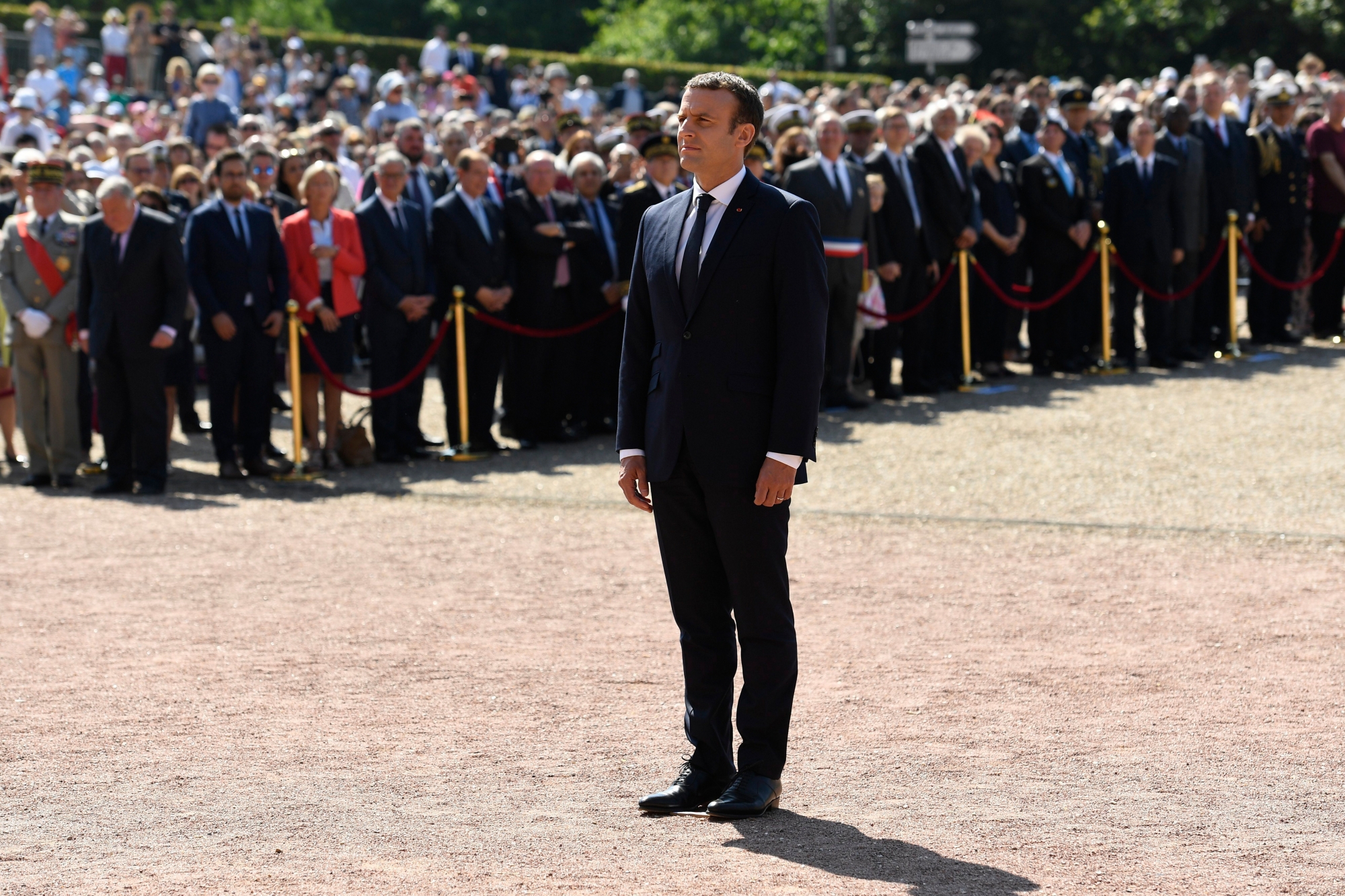 epa06035254 French President Emmanuel Macron attends a ceremony marking to mark the 77th anniversary of General Charles de Gaulle's appeal of 18 June 1940, at the Mont Valerien memorial in Suresnes, near Paris, France, 18 June 2017. The appeal marks the beginning of the French resistance after the fall of France to Nazi Germany.  EPA/BERTRAND GUAY / POOL MAXPPP OUT FRANCE WWII COMMEMORATION