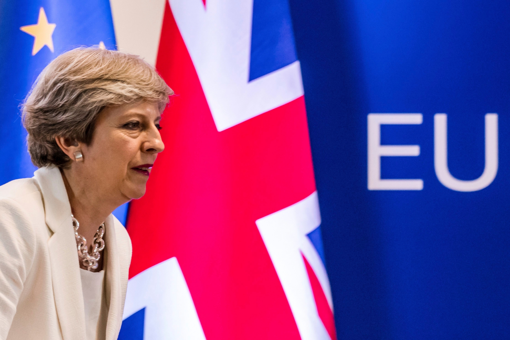British Prime Minister Theresa May prepares to address a media conference at an EU summit in Brussels on Friday, June 23, 2017. European Union leaders met in Brussels on the final day of their two-day summit to focus on ways to stop migrants crossing the Mediterranean and how to uphold free trade while preventing dumping on Europe's markets. (AP Photo/Geert Vanden Wijngaert) Belgium EU Summit