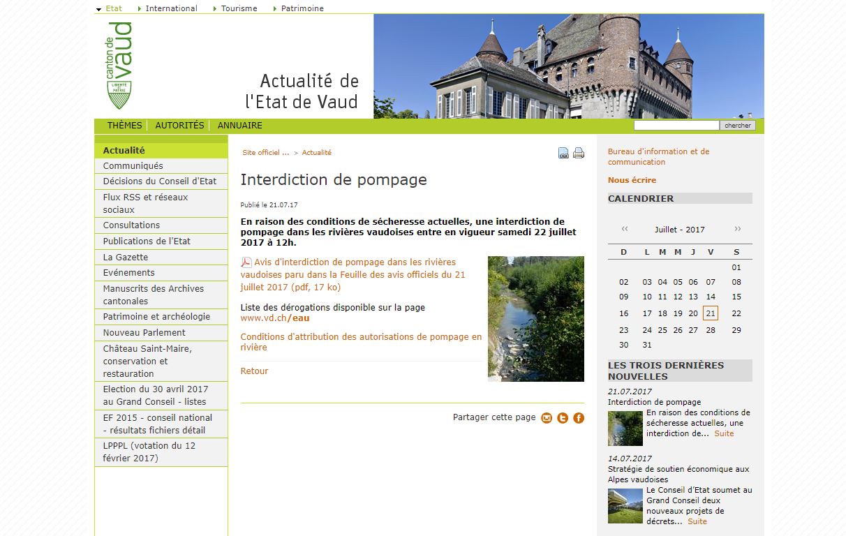 Le canton de Vaud a publié officiellement un avis d'interdiction de pompage ce vendredi.
