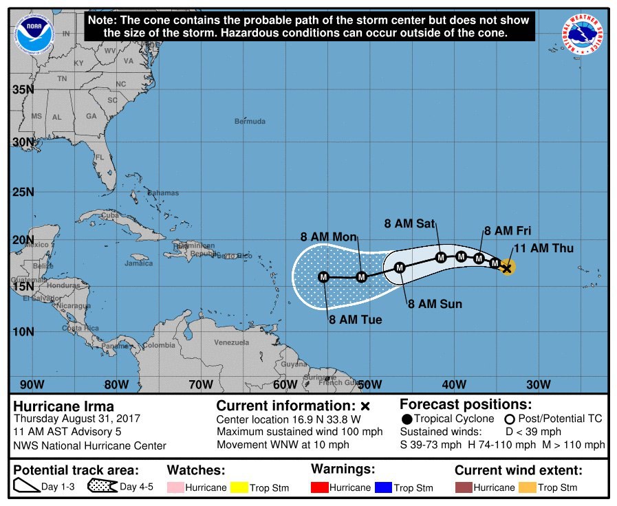 La trajectoire d'Irma est encore incertaine, mais plusieurs projections placent sur son passage Haïti, la République dominicaine et Cuba avant de se diriger vers le nord en direction de la Floride, puis, éventuellement, la côte Est des Etats-Unis.
