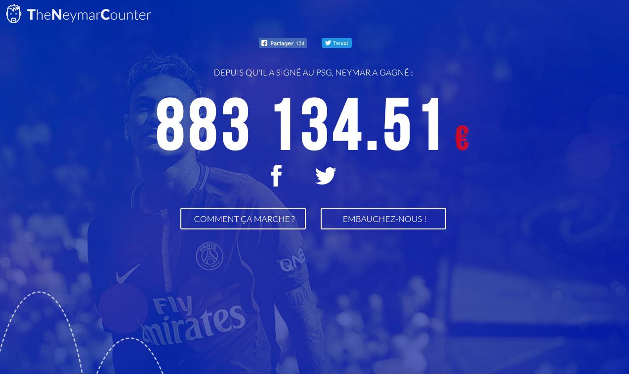 Le salaire de Neymar est à découvrir en temps réel, cet après-midi le compteur a passé 883000 euros.