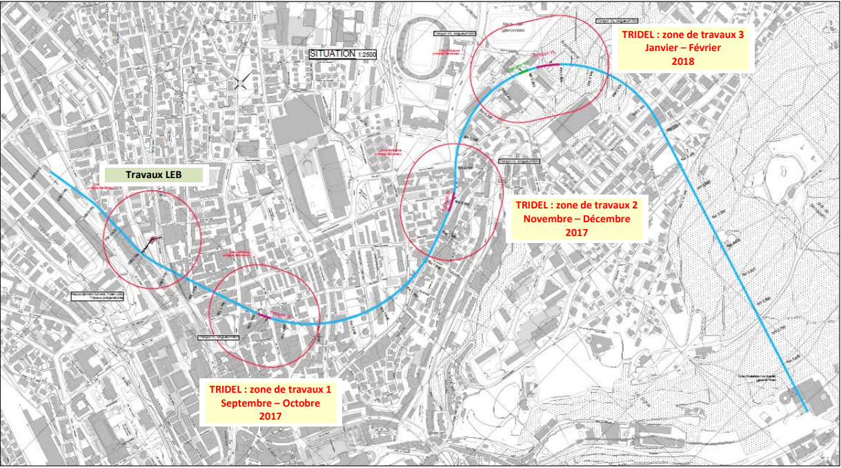 La carte des travaux du tunnel de Tridel à Lausanne