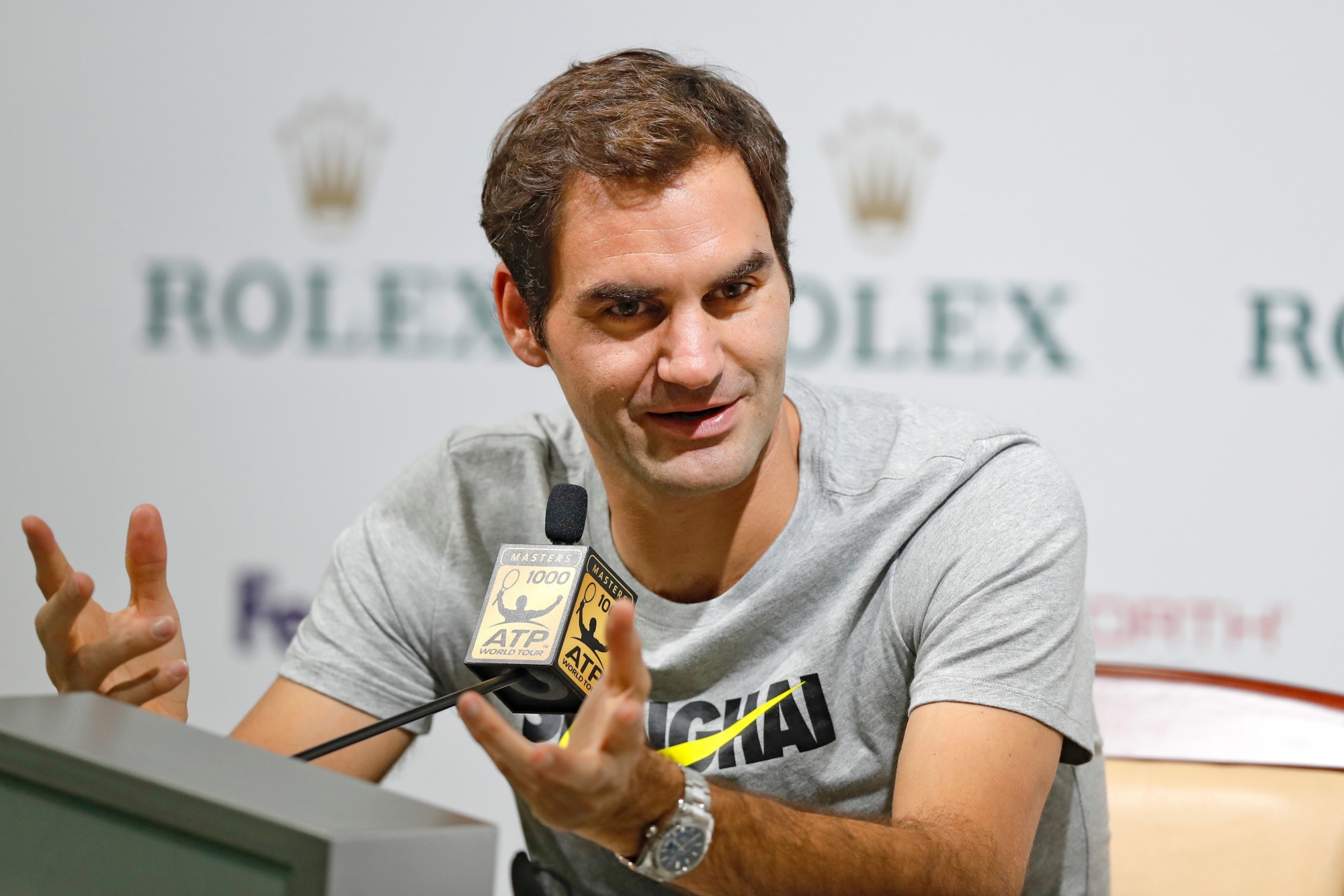 Roger Federer of Switzerland speaks during a news conference for the Shanghai Masters tennis tournament at Qizhong Forest Sports City Tennis Center in Shanghai, China, Monday, Oct. 9, 2017. (AP Photo/Andy Wong) CHINA TENNIS SHANGHAI MASTERS