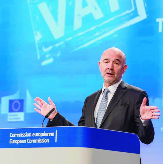 European Commissioner for Economic and Financial Affairs Pierre Moscovici addresses the media on the future of VAT at EU headquarters in Brussels on Thursday, Jan. 18, 2018. Today, the European Commission proposed new rules to give Member States more flexibility to set Value Added Tax (VAT) rates and to create a better tax environment to help SME's flourish. (AP Photo/Geert Vanden Wijngaert) Belgium Europe Finance