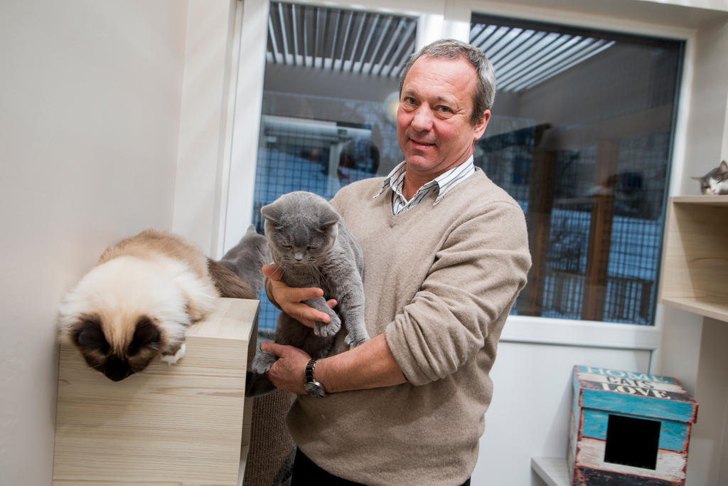 Alain Zwygart avec un des chats actuellement en pension chez lui.
