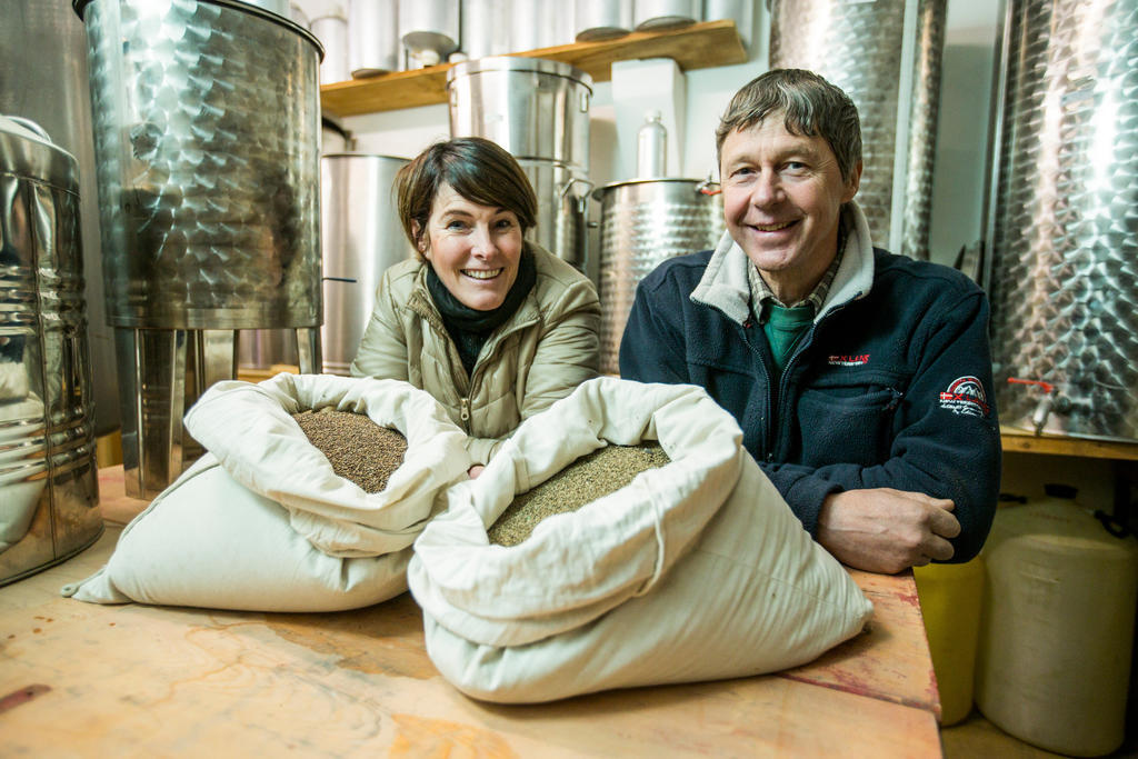 Beate Schierscher-Viret, responsable de la banque de semences d’Agroscope, et Jean-Marc Genevay, de la distillerie de Bassins. A gauche, des semences de sauge sclarée et à droite de persil qui se trouvent désormais à Svalbard.