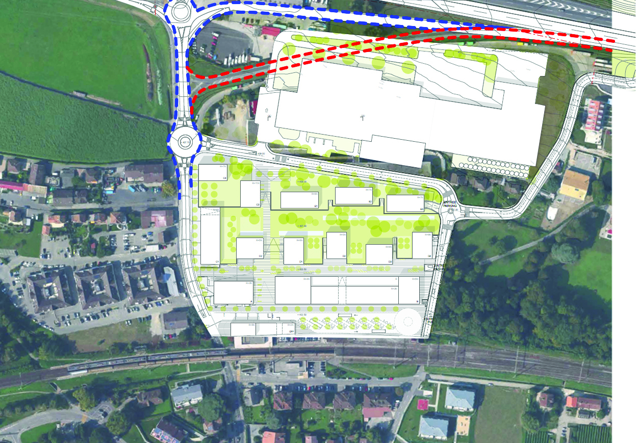 Le déplacement de la bretelle autoroutière actuelle (en rouge) plus au nord (tracé en bleu) doit permettre à l’entreprise Schenk de construire ses nouvelles infrastructures industrielles. Mais on compte aujourd’hui une vingtaine d’oppositions qui risquent de retarder les projets. c. bouachrine/google map