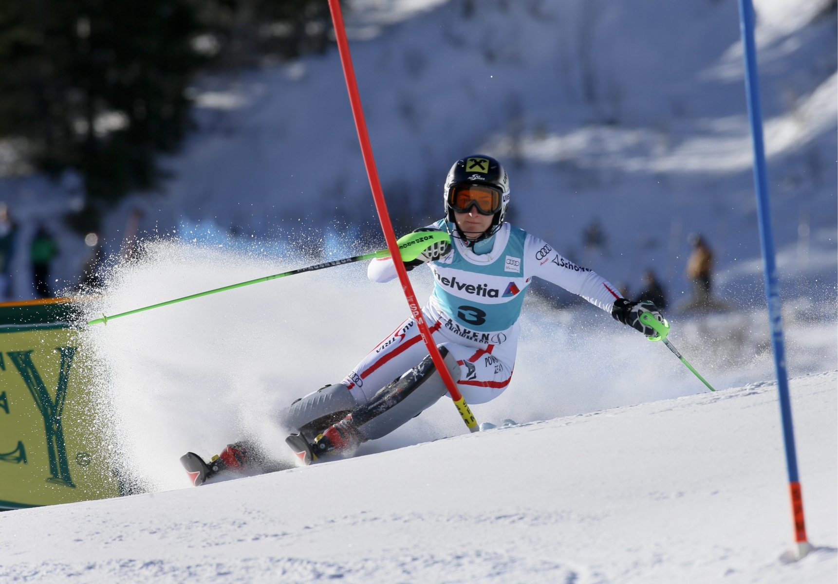 Austria's Kathrin Zettel speeds down the course during the women's World Cup slalom ski race in Aspen, Colo., on Sunday, Nov. 25, 2012.  (AP Photo/Nathan Bilow)