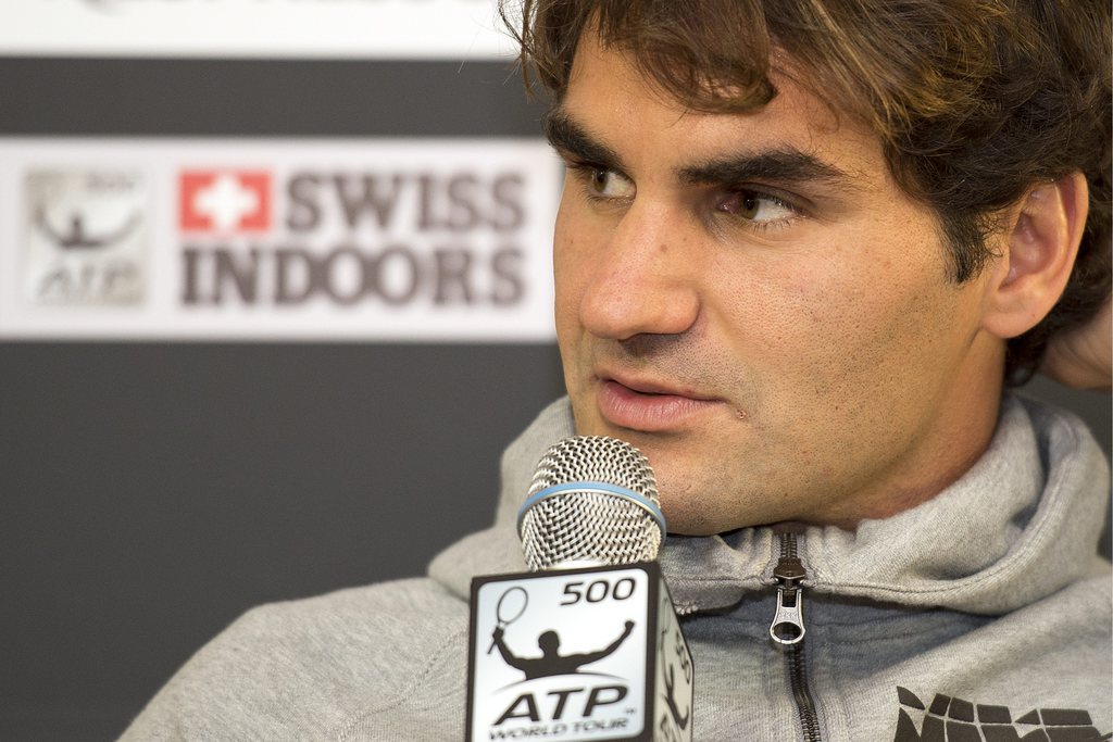 Vendredi 19 octobre 2012, Roger Federer s'exprime lors d'une conférence de presse quelques jours avant le début des Swiss Indoors, "là où tout a commencé".