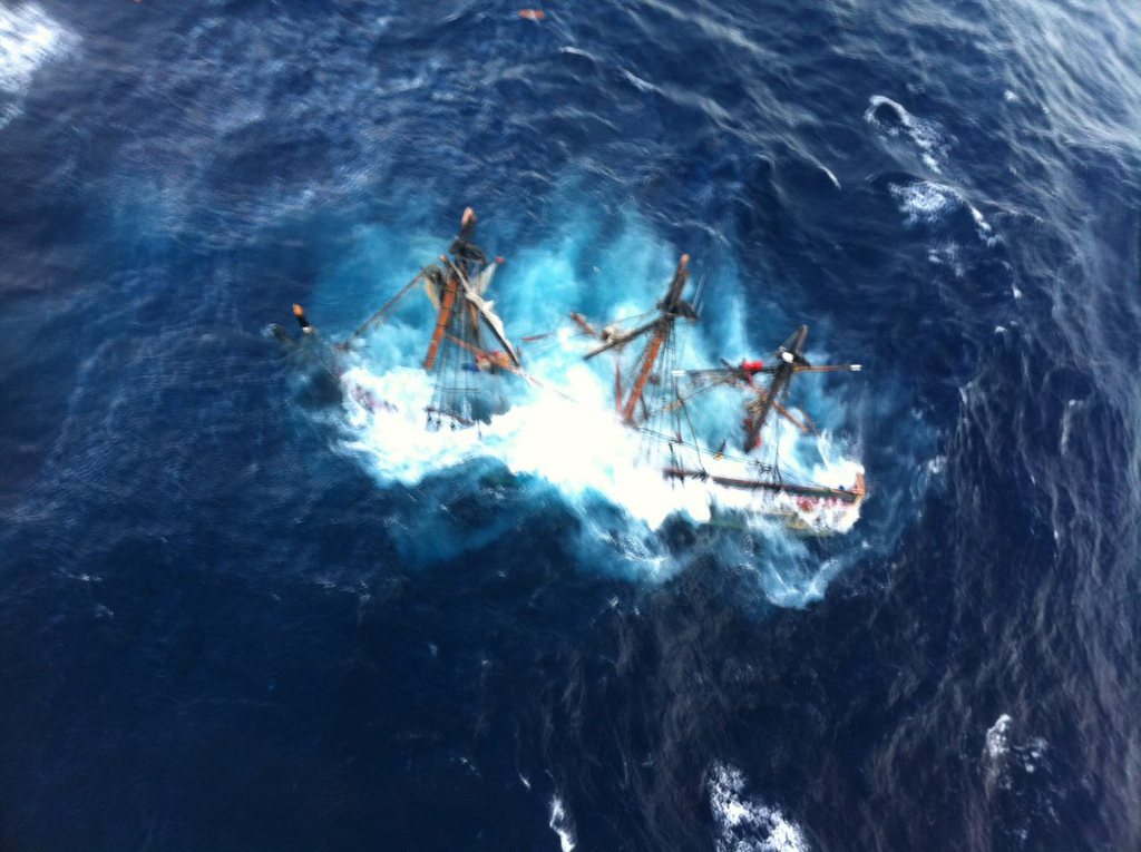 This photo provided by the U.S. Coast Guard shows the HMS Bounty, a 180-foot sailboat, submerged in the Atlantic Ocean during Hurricane Sandy approximately 90 miles southeast of Hatteras, N.C., Monday, Oct. 29, 2012. The Coast Guard rescued 14 of the 16 crew members by helicopter. Hours later, rescuers found one of the missing crew members, but she was unresponsive. They are still searching for the captain. (AP Photo/U.S. Coast Guard, Petty Officer 2nd Class Tim Kuklewski)
