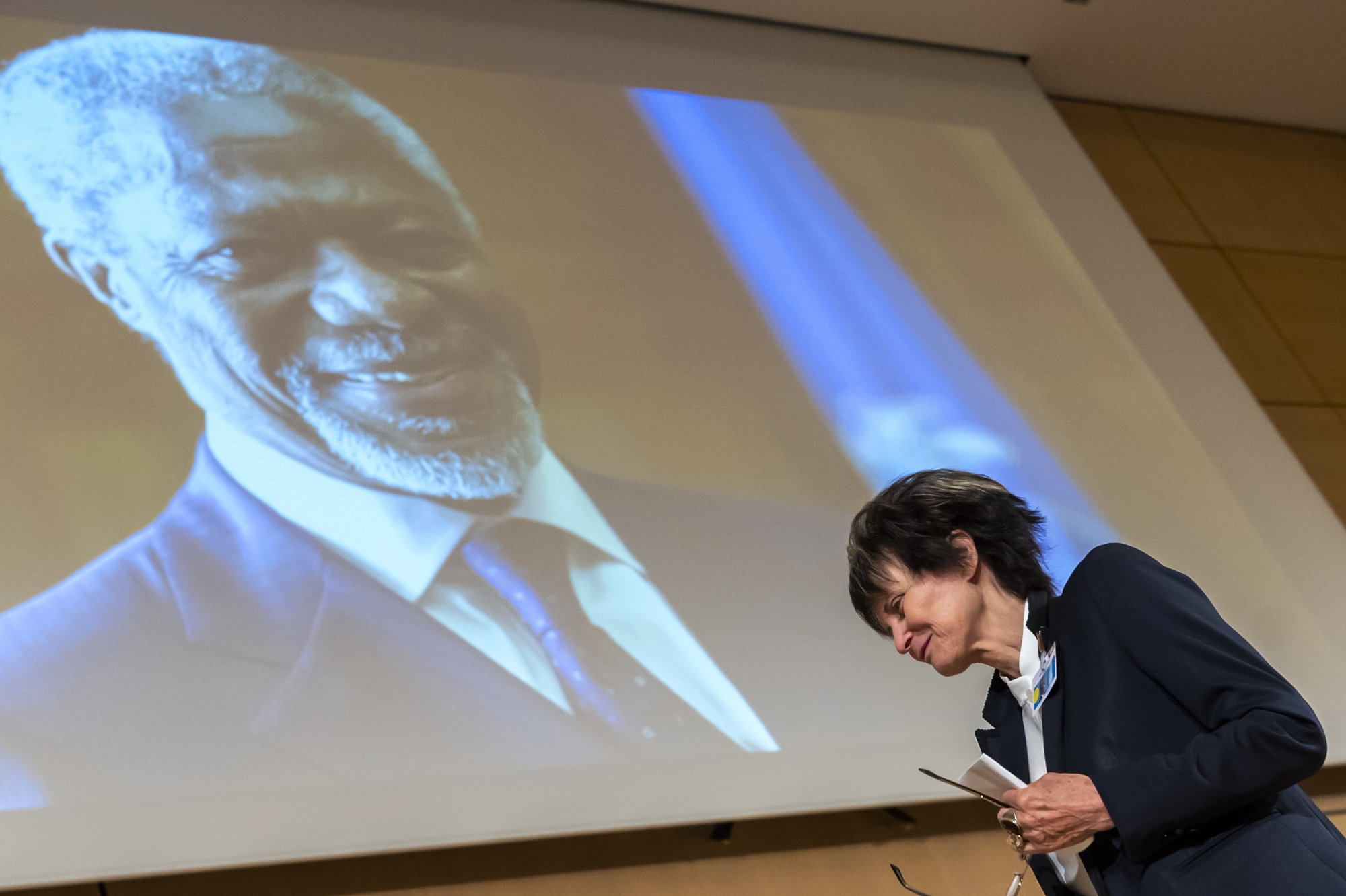 Micheline Calmy-Rey a rendu hommage à Kofi Annan, jeudi à l'ONU à Genève.