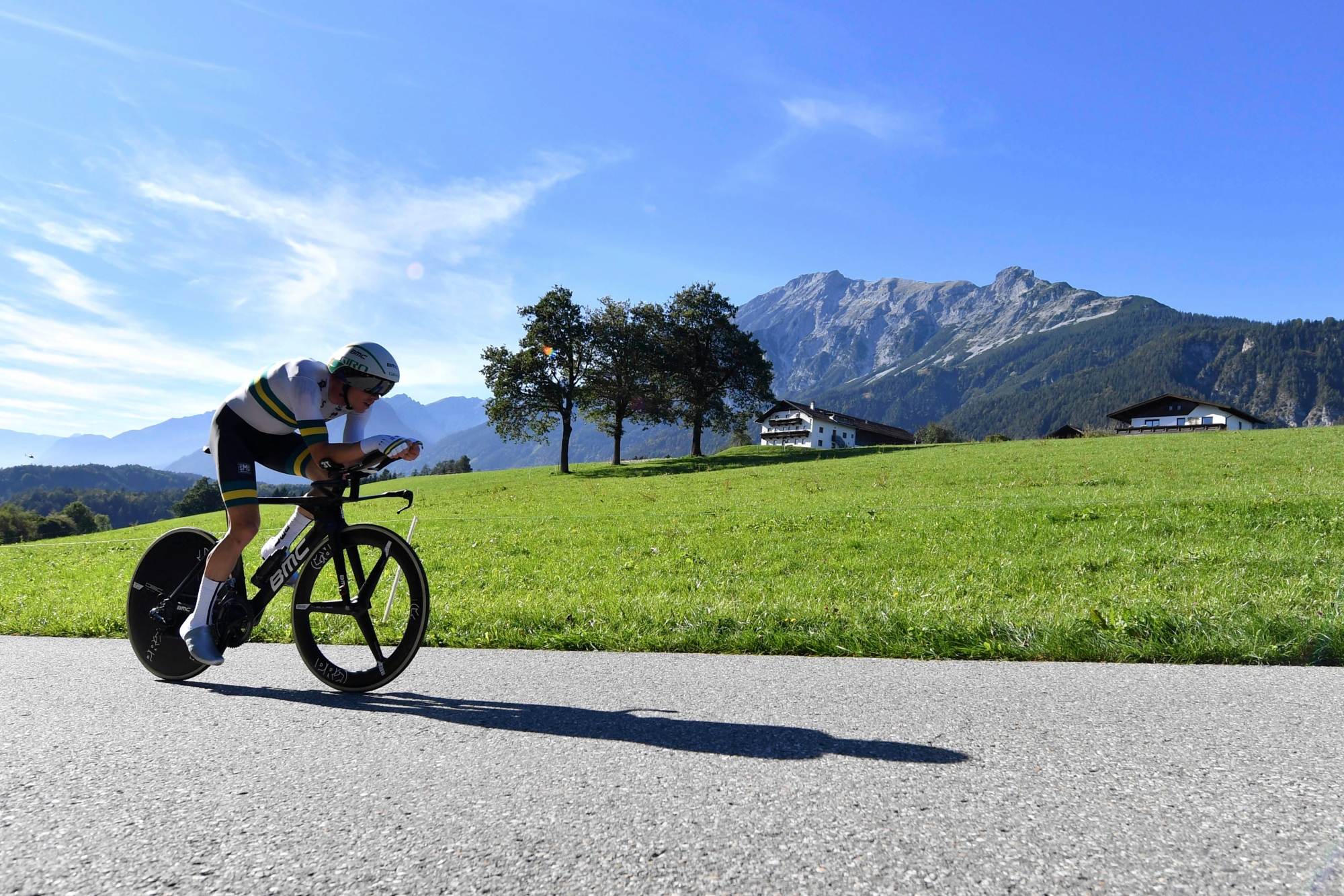 Rohan Dennis of Australia competes in the men's individual time trial at the Road Cycling World Championships in Innsbruck, Austria, Wednesday, Sept. 26, 2018. (AP Photo/Kerstin Joensson) AUSTRIA CYLING WORLDS