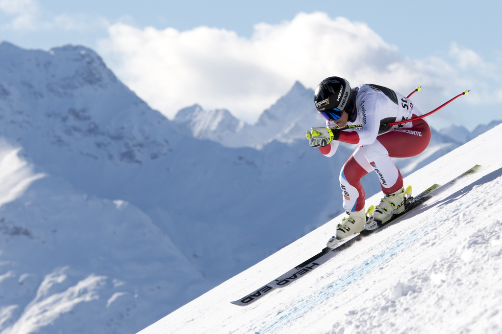 Lara Gut-Behrami of Switzerland in action during the women's Super-G race at the FIS Alpine Ski World Cup, in St. Moritz, Switzerland, Saturday, December 8, 2018. (KEYSTONE/Jean-Christophe Bott)