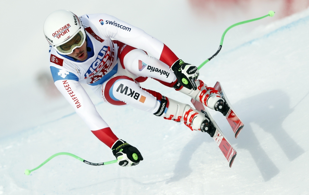 Le Suisse Carlo Janka dans le brouillard lors du second entraînement de la descente des Mondiaux d'Are.