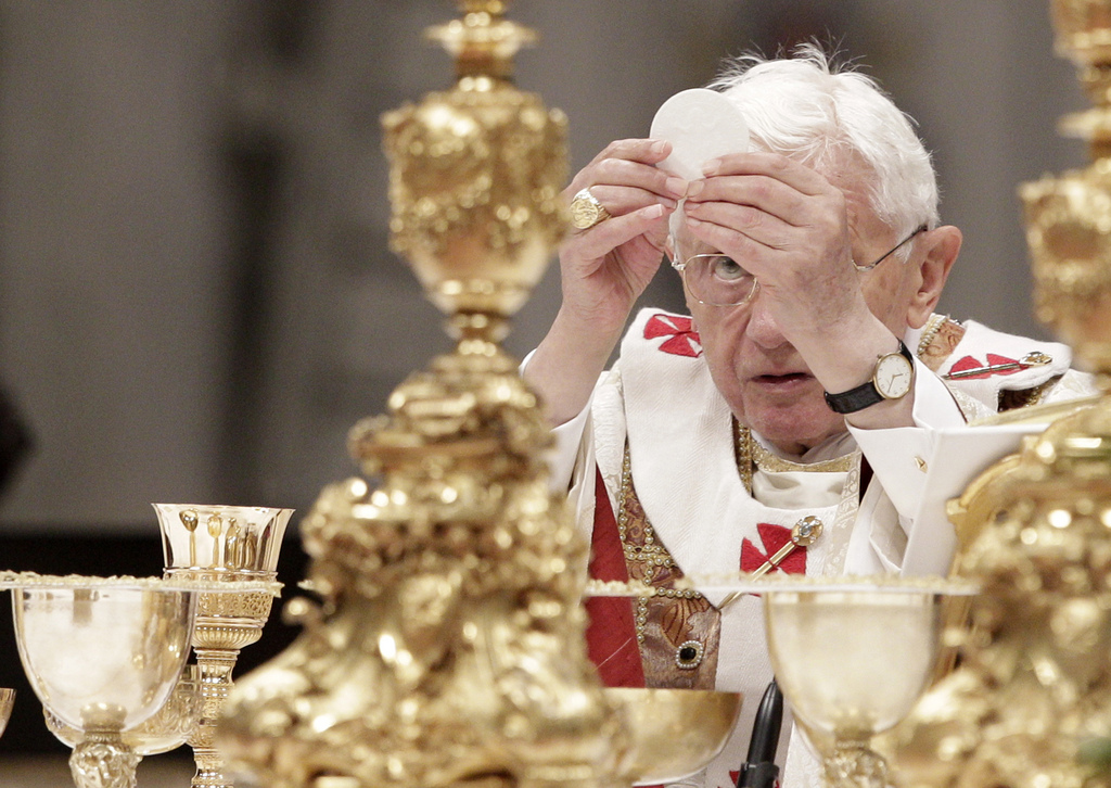 Pope Benedict XVI celebrates a mass for priests and nuns in St. Peter's Basilica at the Vatican, Saturday, Feb. 2, 2013. (AP Photo/Riccardo De Luca)