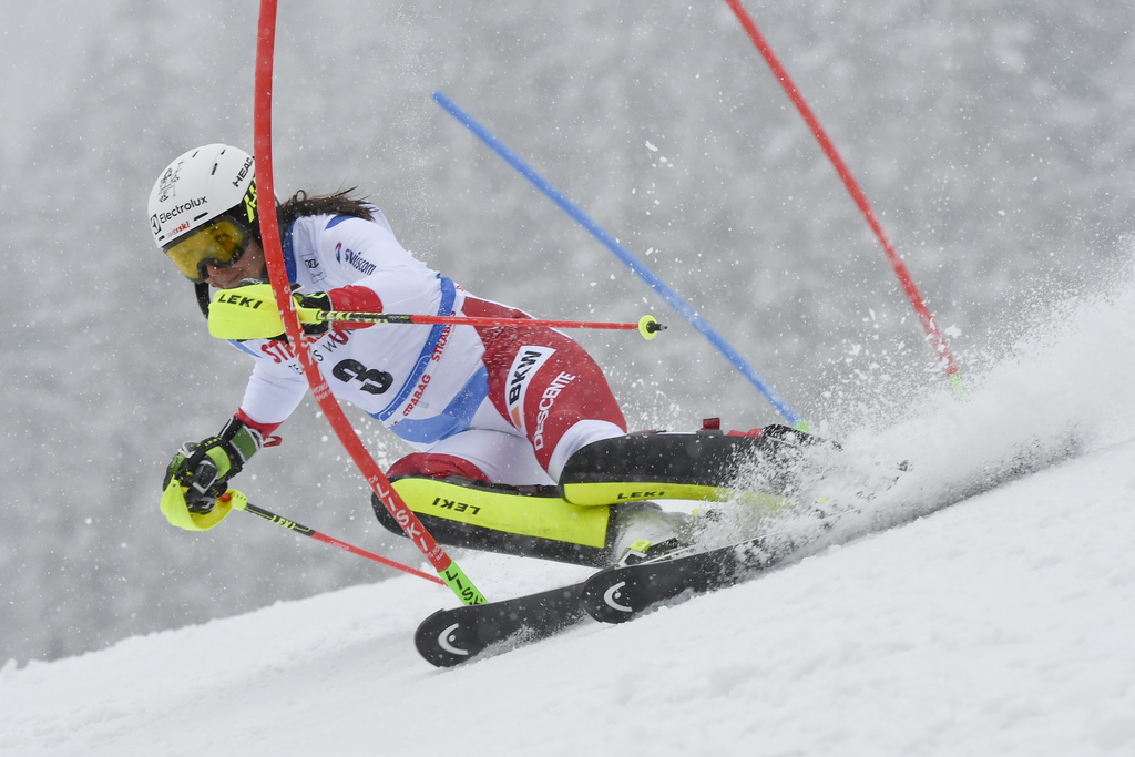 Switzerland's Wendy Holdener speeds down the course during an Alpine Skiing World Cup women's Slalom, in Spindleruv Mlyn, Czech Republic, Saturday, March. 9, 2019. (AP Photo/Marco Tacca)