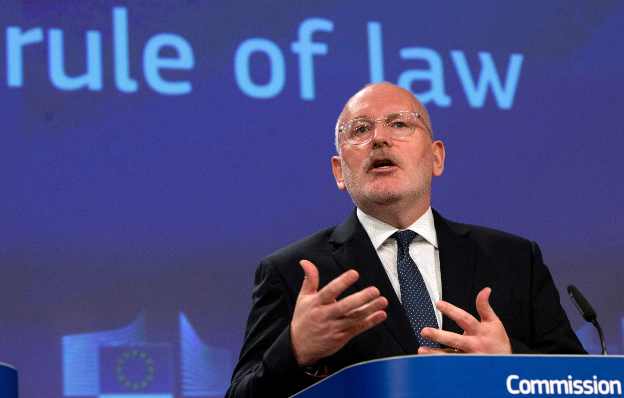European Commission Vice-President Frans Timmermans speaks during a media conference on strengthening the rule of law at EU headquarters in Brussels, Wednesday, April 3, 2019. The European Union is launching action against Poland over allegations that recent justice laws introduced by the government undermine the independence of judges. (AP Photo/Virginia Mayo) Belgium EU Poland
