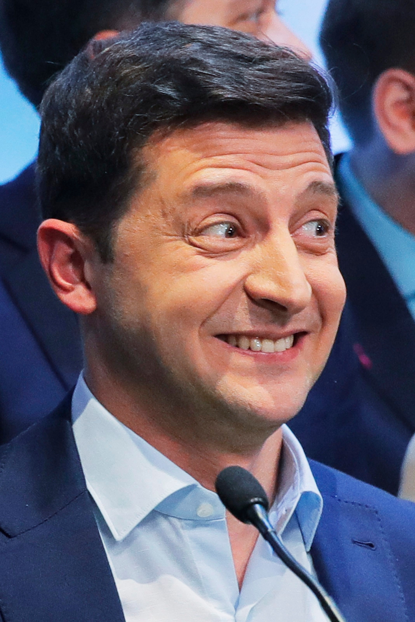 Ukrainian comedian and presidential candidate Volodymyr Zelenskiy smiles after the second round of presidential elections in Kiev, Ukraine, Sunday, April 21, 2019. Ukrainians voted on Sunday in a presidential runoff as the nation's incumbent leader struggles to fend off a strong challenge by a comedian who denounces corruption and plays the role of president in a TV sitcom. (AP Photo/Vadim Ghirda) Ukraine Election