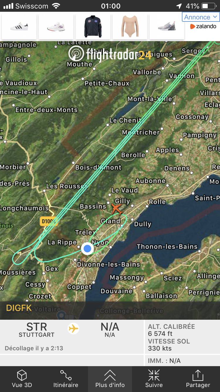 L'avion venu de Stuttgart a survolé six fois notre région sur un axe parallèle aux crêtes du Jura vaudois, mardi peu après minuit.