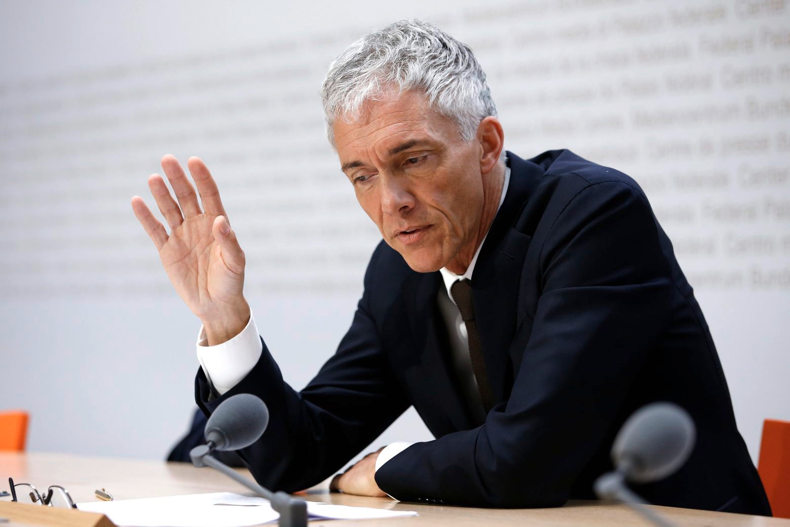 Swiss Federal Attorney Michael Lauber speaks during a media conference at the Media Centre of the Federal Parliament in Bern, Switzerland, on Friday, 10 May 2019. Federal Attorney Michael Lauber is criticised for informal meetings with FIFA head Gianni Infantino. The supervisory authority for the Federal Prosecutor's Office is opening a disciplinary investigation against Lauber. (KEYSTONE/Peter Klaunzer) SCHWEIZ BUNDESANWALTSCHAFT LAUBER