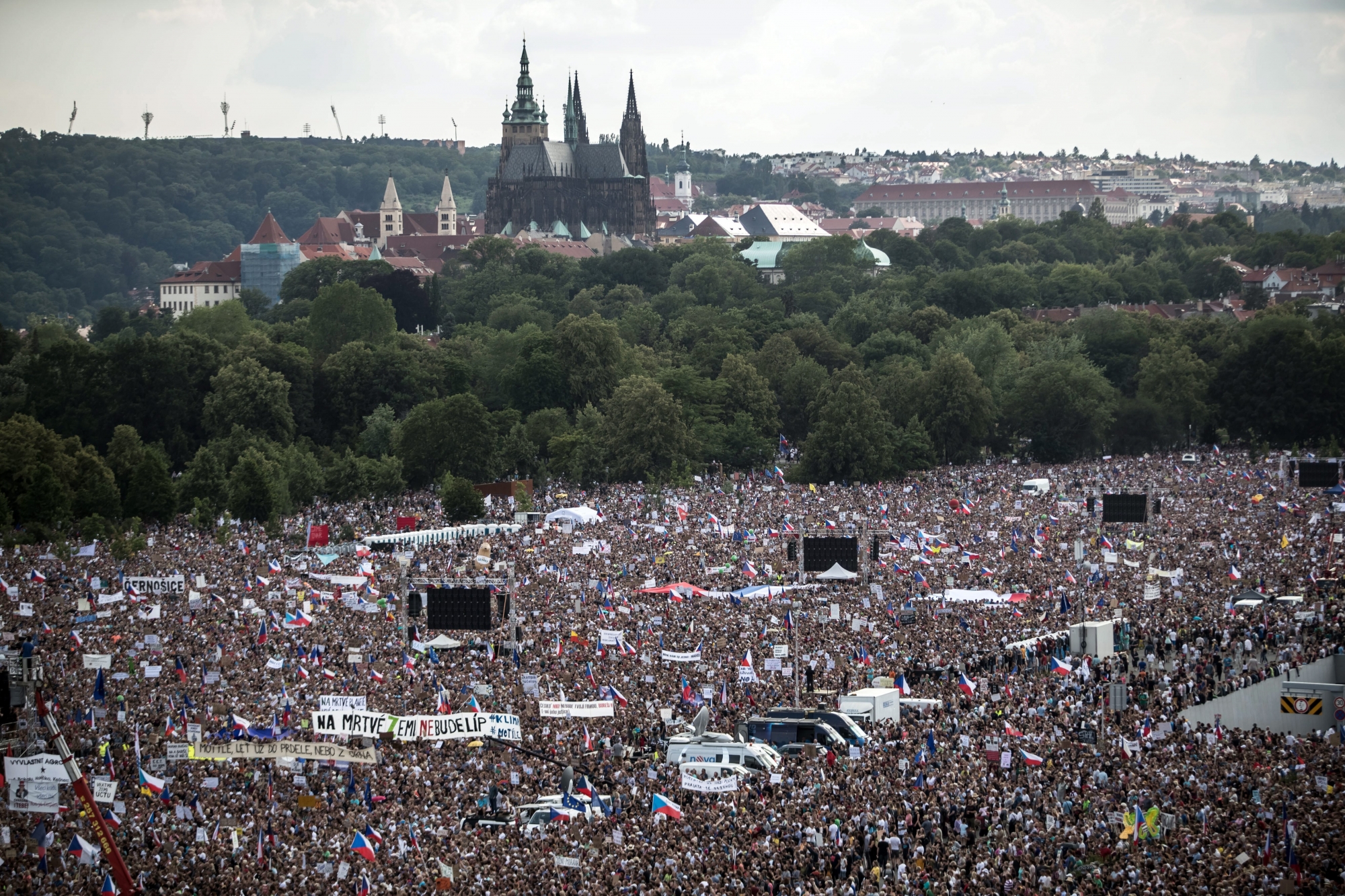 epa07668589 Thousands of demonstrators gather to protest against Czech Prime Minister Andrej Babis and new minister of justice, in the one of the biggest political demonstration against the government since the fall of communism in 1989 during Velvet Revolution, at the Letna plain in Prague, Czech Republic, 23 June 2019. According to reports, tens of thousands people protest against appointing Marie Benesova as new justice minister and to demand the resignation of Czech Prime Minister Andrej Babis due to alleged conflicts of interest involving his former Agrofert conglomerate he founded and at the same time he is investigated of fraud in connection with subsidies paid by the European Union. The report suggests the country should return about 17.5 million euro that Agrofert received in EU funds.  EPA/MARTIN DIVISEK CZECH REPUBLIC GOVERNMENT PROTEST
