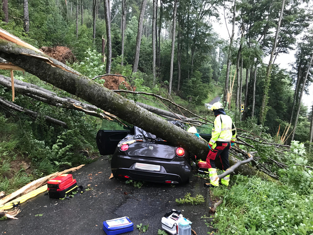 Dans le village d'Alpnach (OW), plusieurs arbres sont tombés sur un véhicule. Ses occupants sont restés coincés dans la voiture et ont dû être désincarcérés.