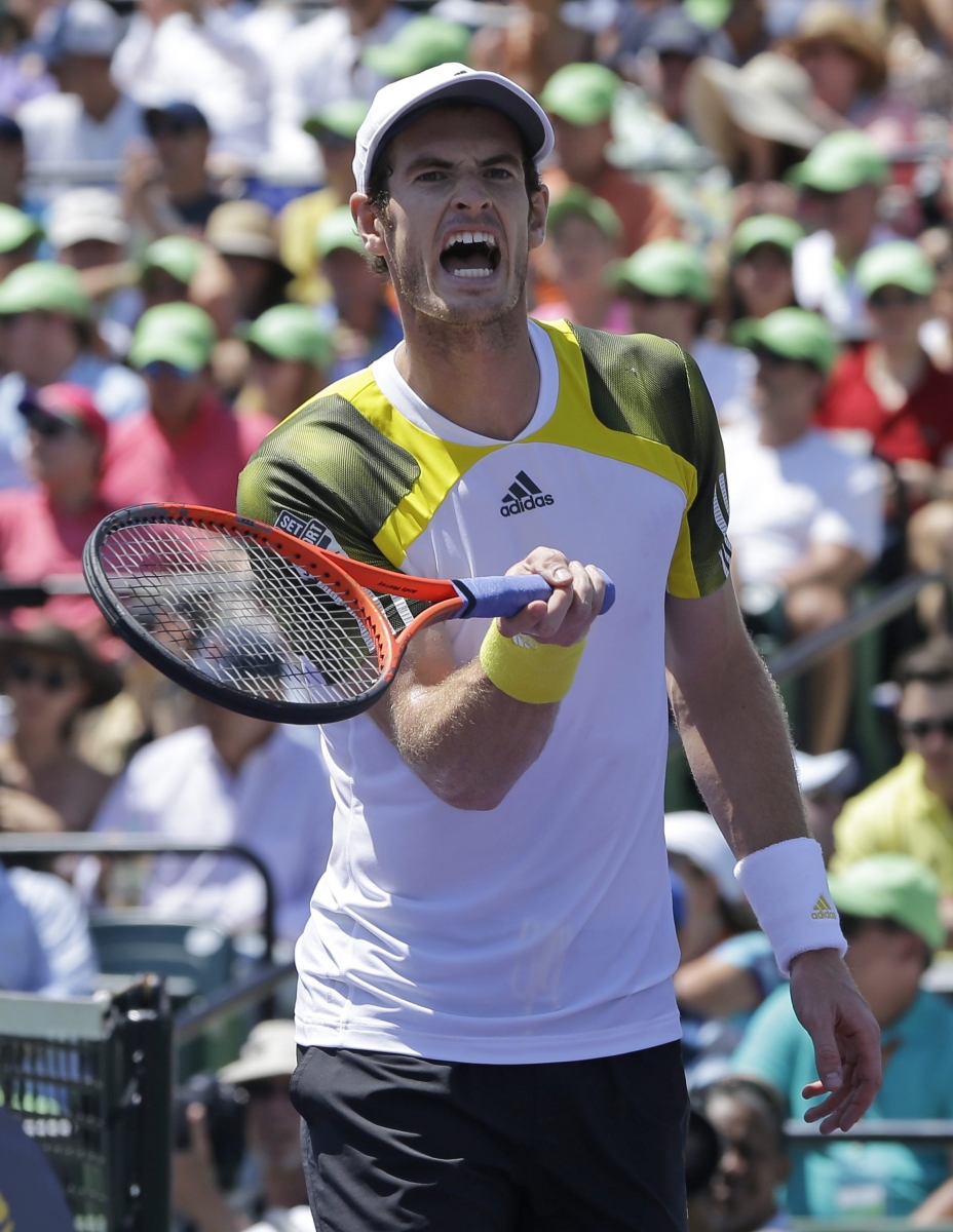 Andy Murray, of Great Britain,reacts during a match against David Ferrer, of Spain, during the final of the Sony Open tennis tournament, Sunday, March 31, 2013, in Key Biscayne, Fla. (AP Photo/J Pat Carter)