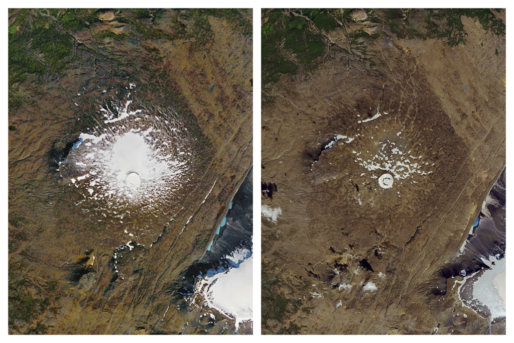 Photos transmises par la NASA: à gauche, le glacier en 1986, à droite, en août 2019. 