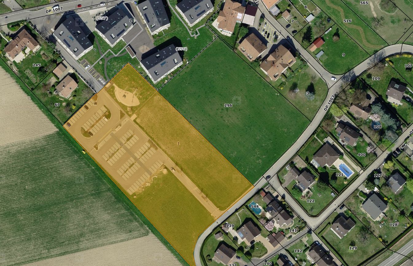 La parcelle n°1 de la commune de Borex (en jaune) est l'unique terrain disponible en zone d'utilité publique. La Municipalité étudiera un avant-projet de local de voirie, voire de nouveaux bureaux pour l'administration communale.