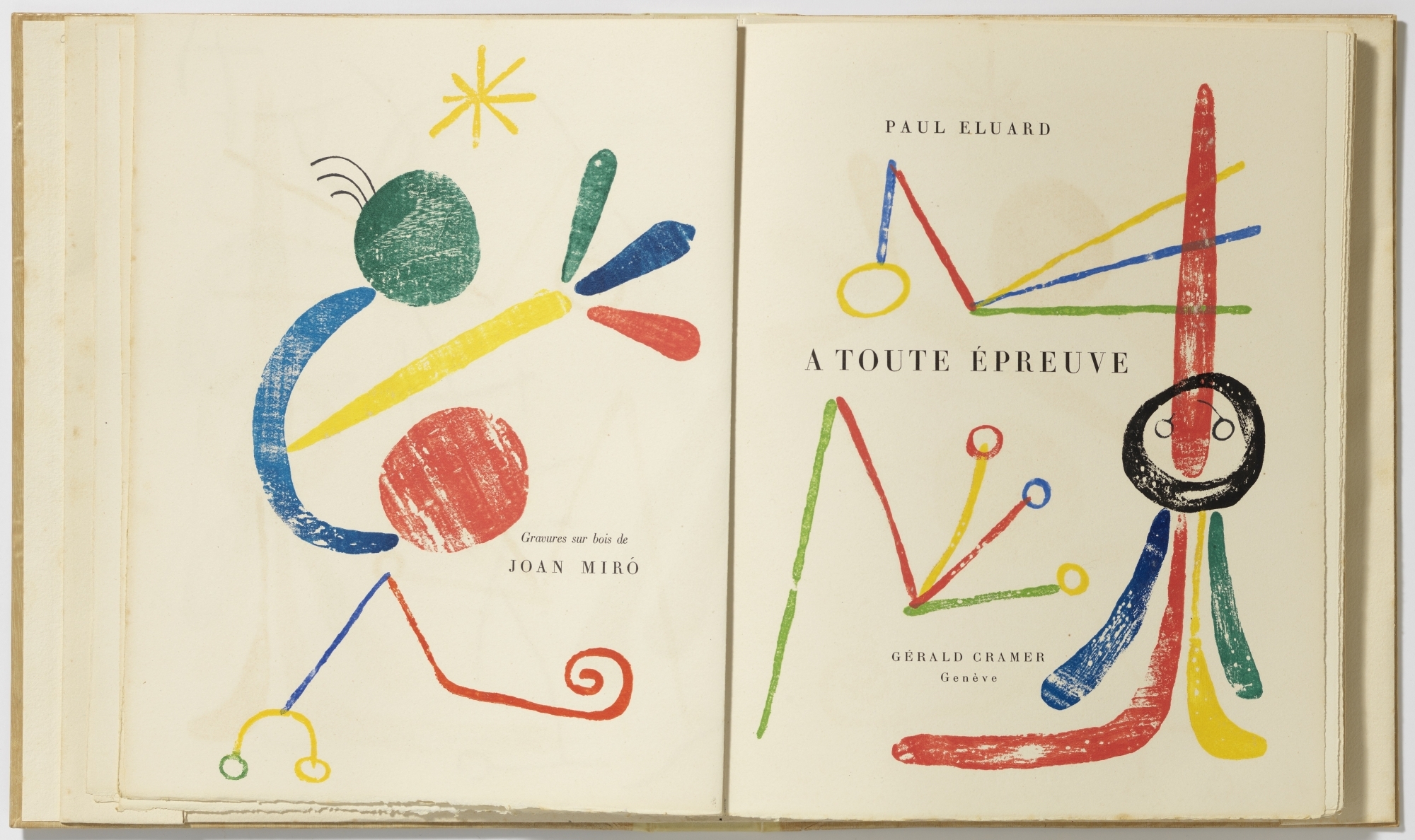Un exemplaire original du livre sur papier japon, xylographies de Joan Mirό autour du texte typographié de Paul Éluard.