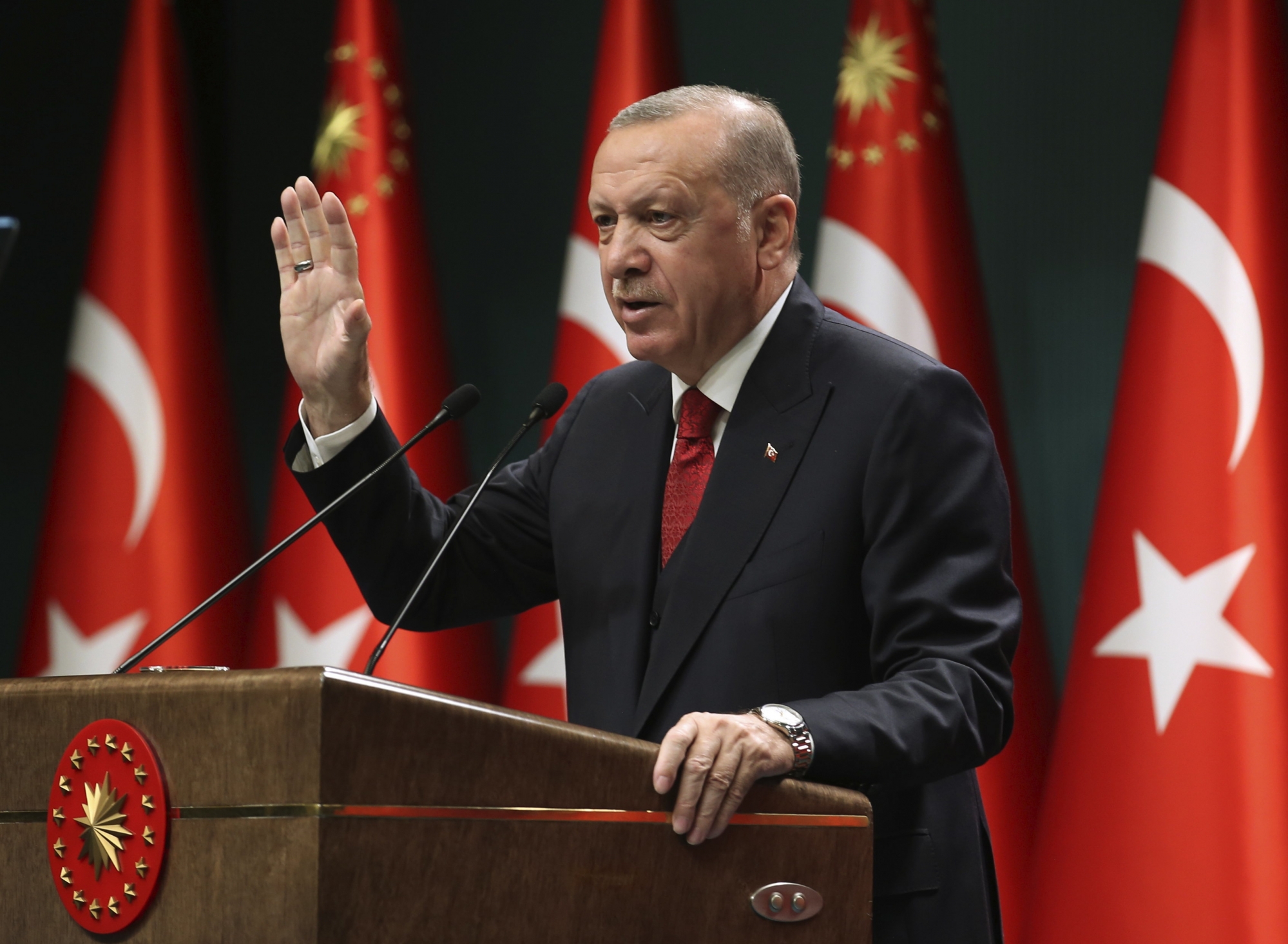 Turkey's President Recep Tayyip Erdogan, talks in a televised address, following a cabinet meeting, in Ankara, Turkey, Monday, Sept. 21, 2020. Erdogan, who has long called for a reform of the United Nations, says the world body has failed in its response to the coronavirus pandemic. Erdogan claimed the UN was late in "accepting the existence" of the pandemic and had failed to "make its presence felt" for nations requiring help to fight infections. (Turkish Presidency via AP, Pool) ArcInfo