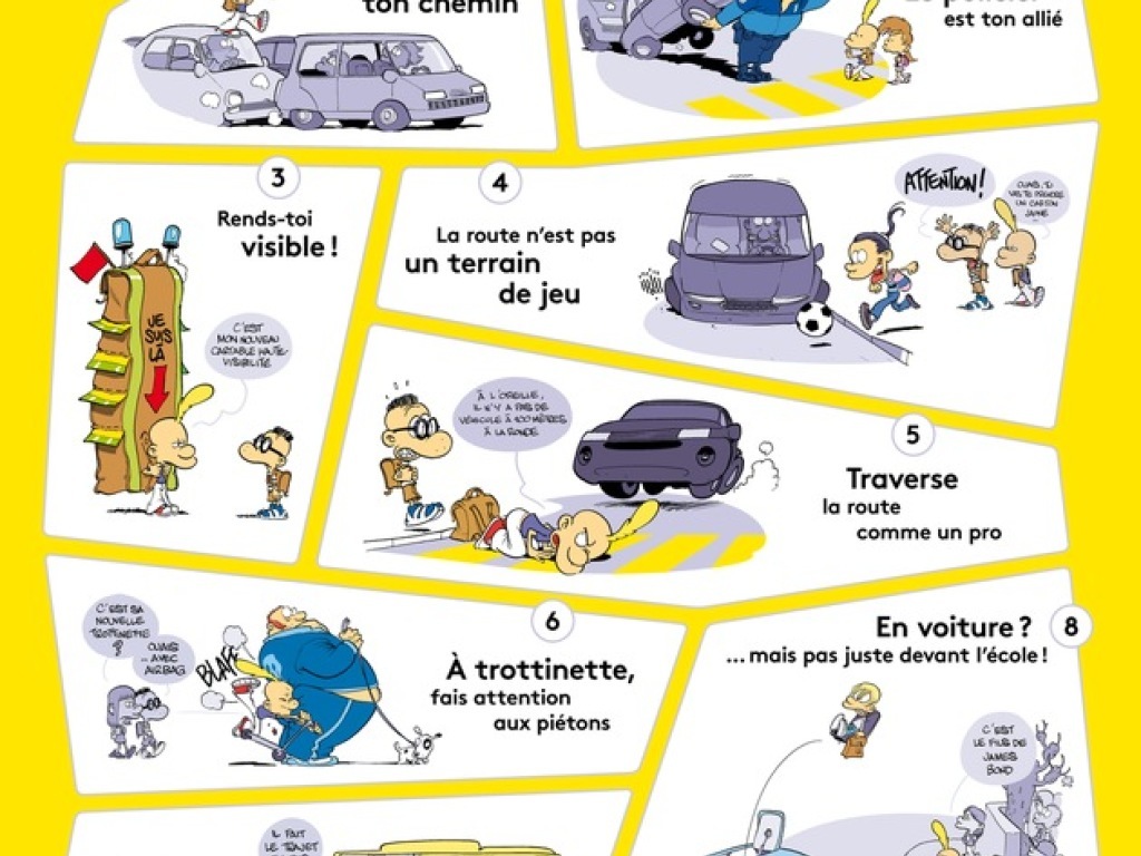 Les huit situations rencontrées par Titeuf et ses conseils pour aller à l'école sont regroupés sur une affiche.